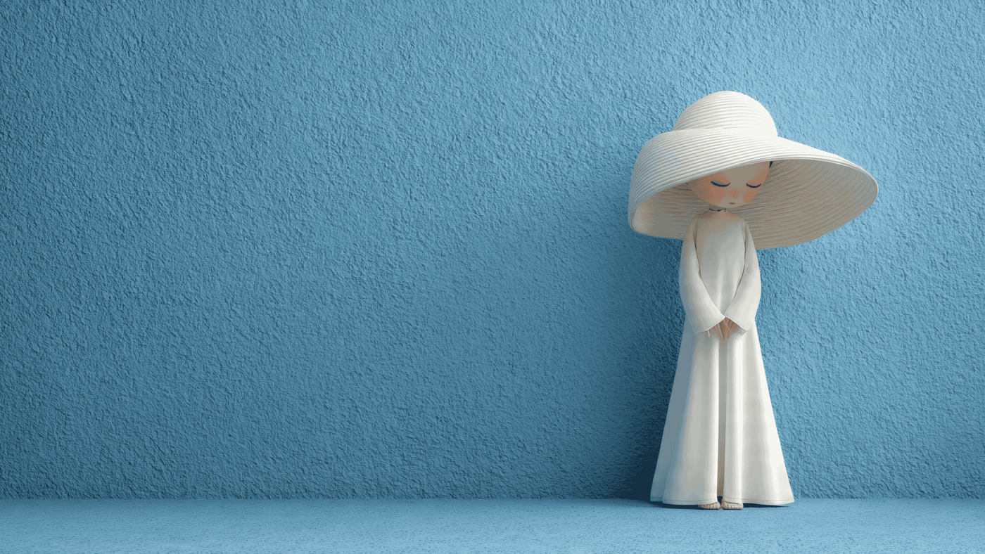 Stylized Figure in White Dress and Hat