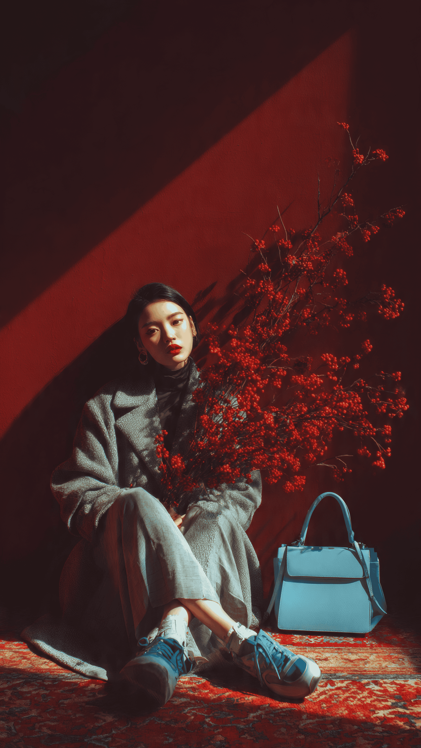 Elegant Woman with Flowers and Handbag