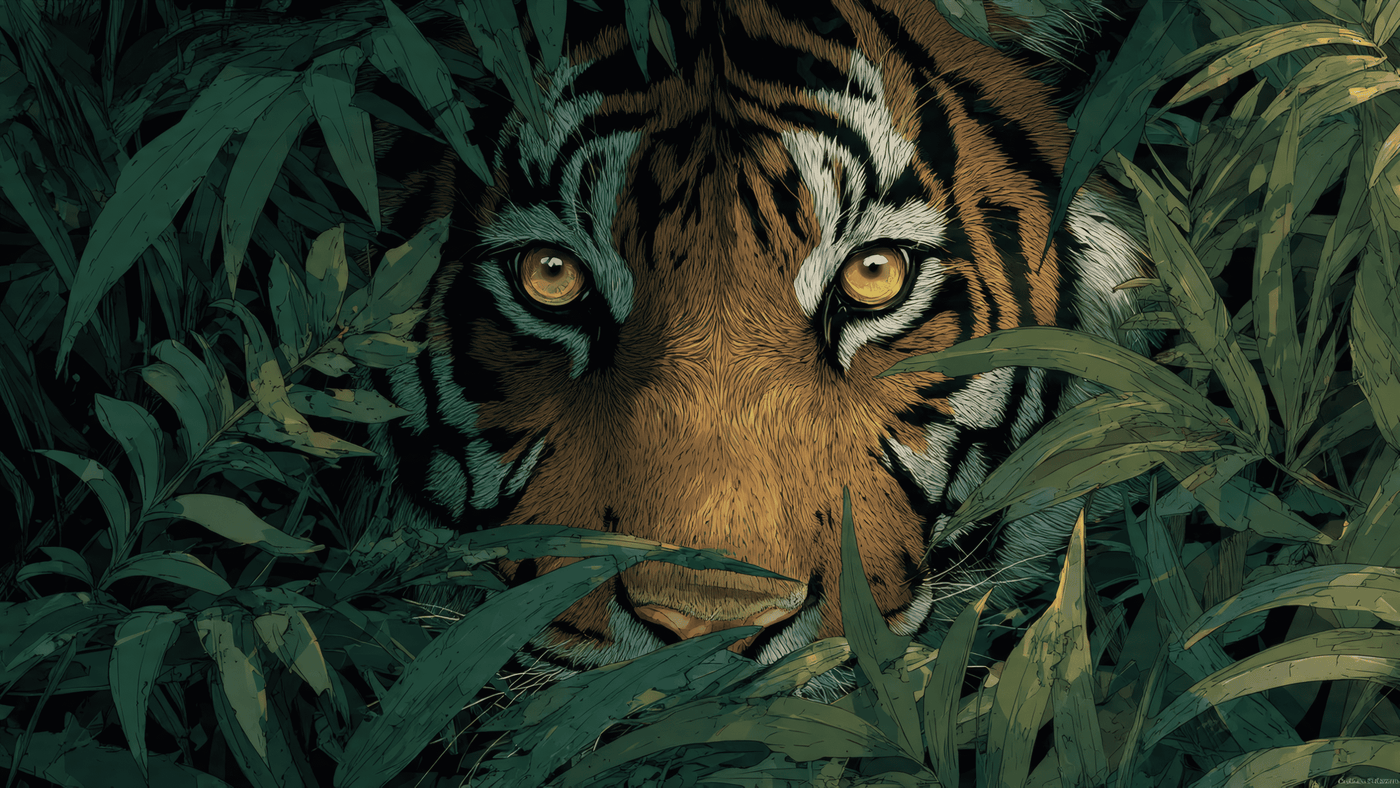 Tiger Hiding in Jungle Leaves Illustration
