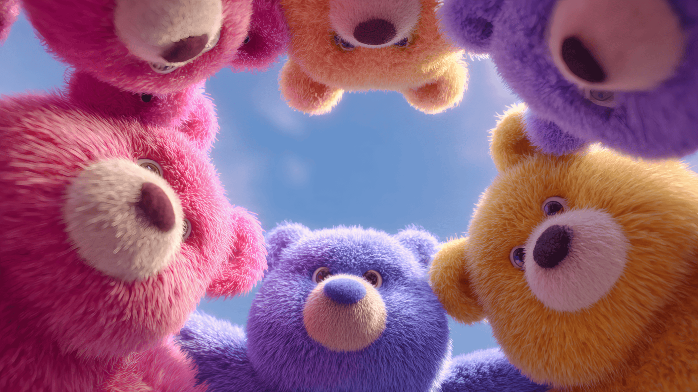 Colorful Teddy Bears Against Blue Sky