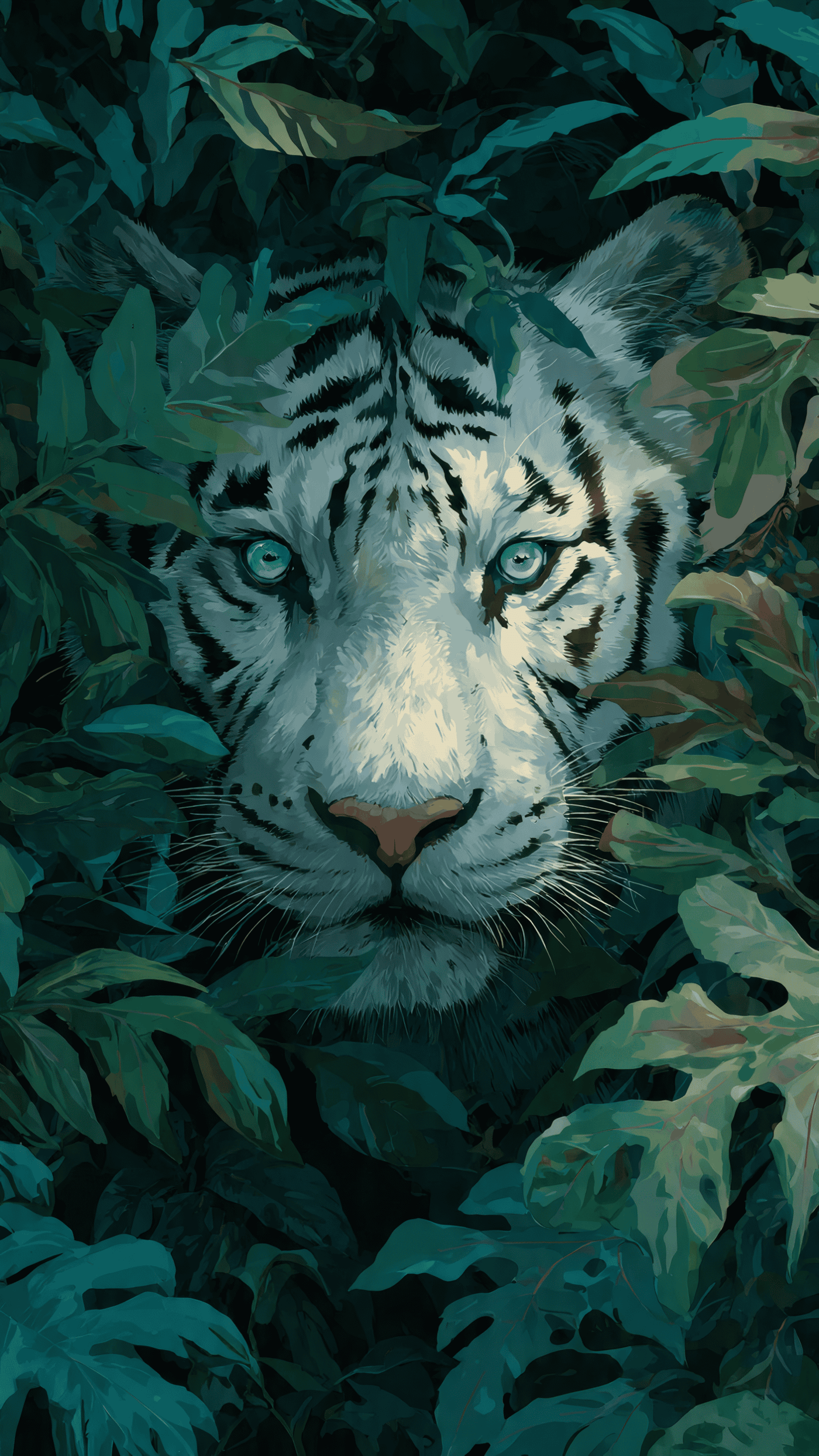 White Tiger Portrait Hidden in the Jungle