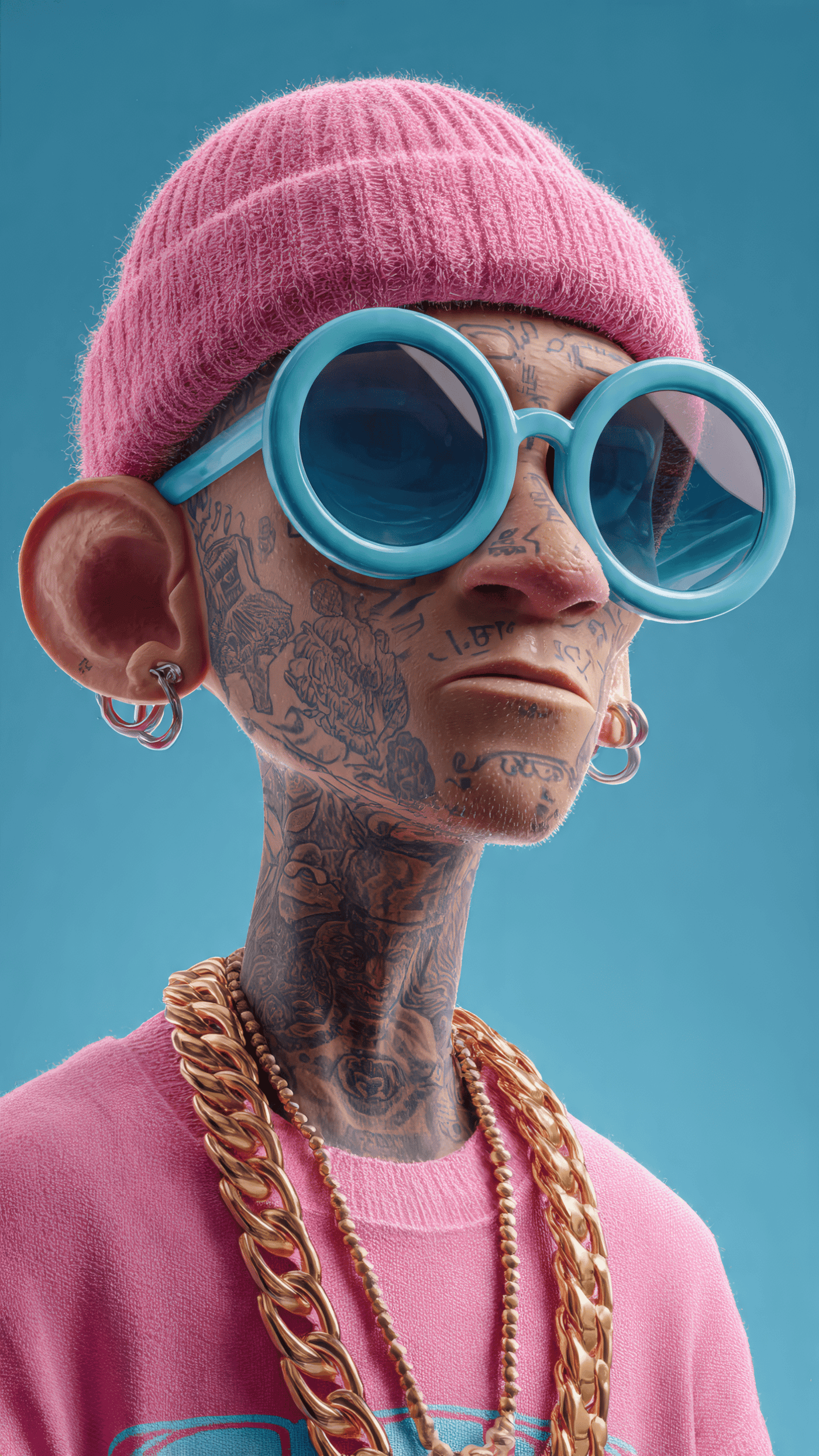 Stylized Character with Tattoos and Beanie