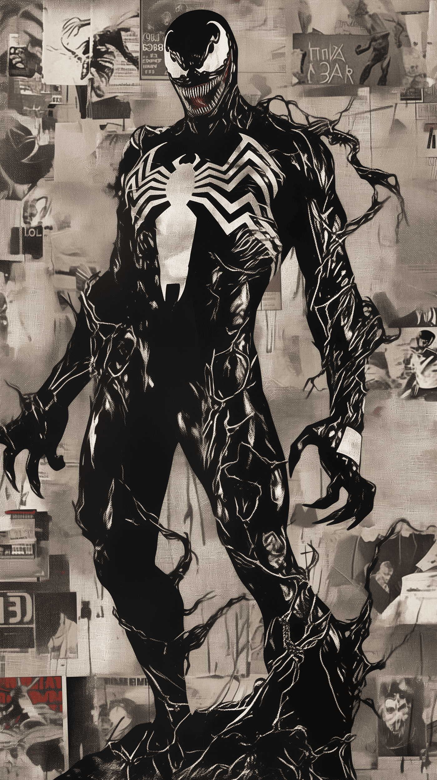 Venom Character in Front of Poster Collage