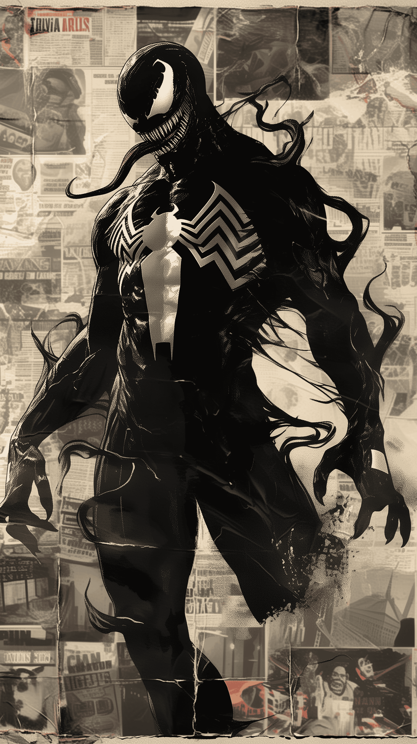 Venom Comic Art with Newspaper Background
