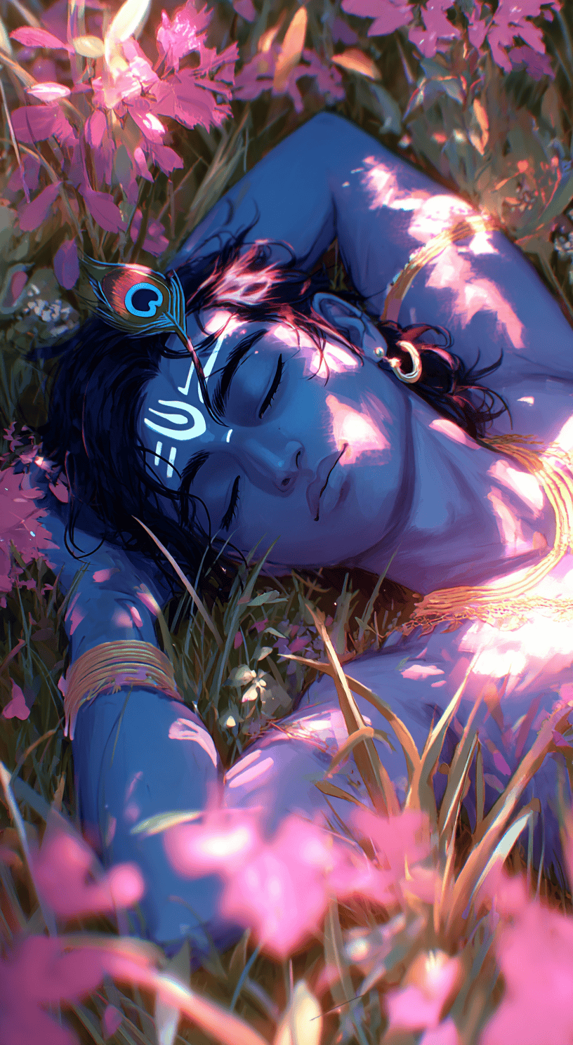 Lord Krishna Sleeping Among Flowers Wallpaper