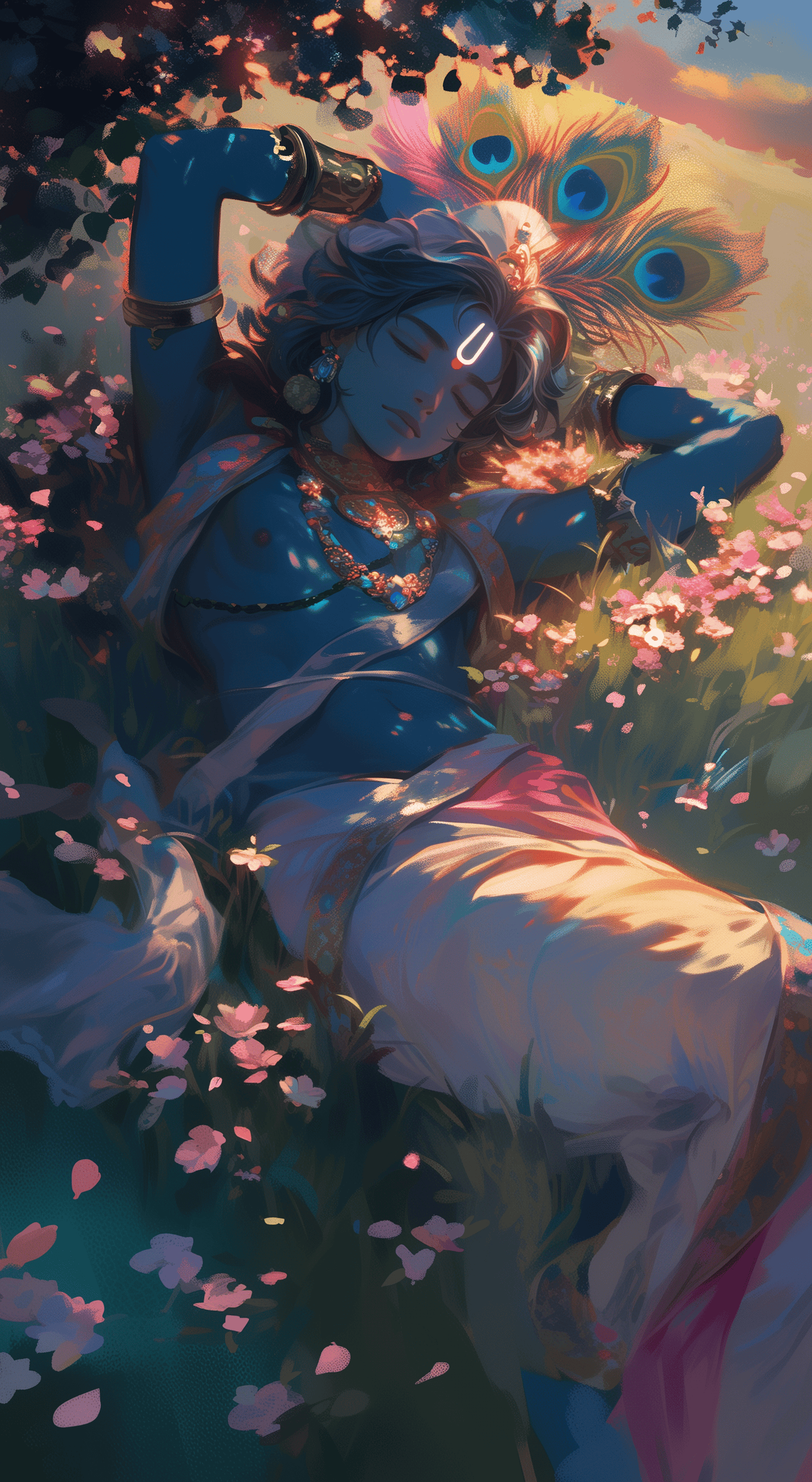 Lord Krishna Resting Peacefully in Field of Flowers Wallpaper