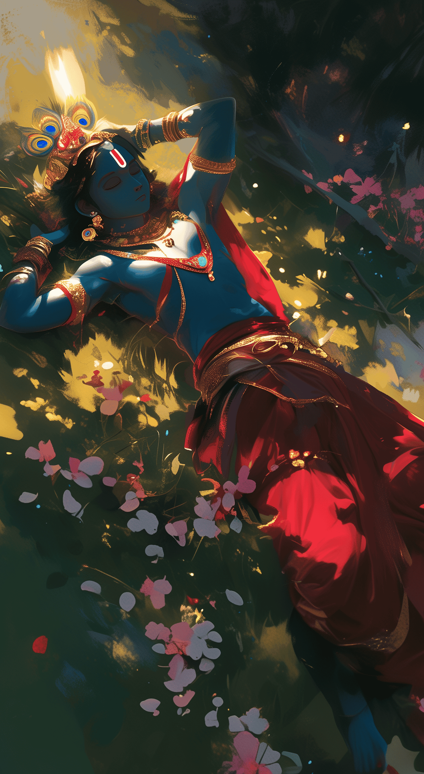 Painting of Krishna Resting in a Garden Wallpaper