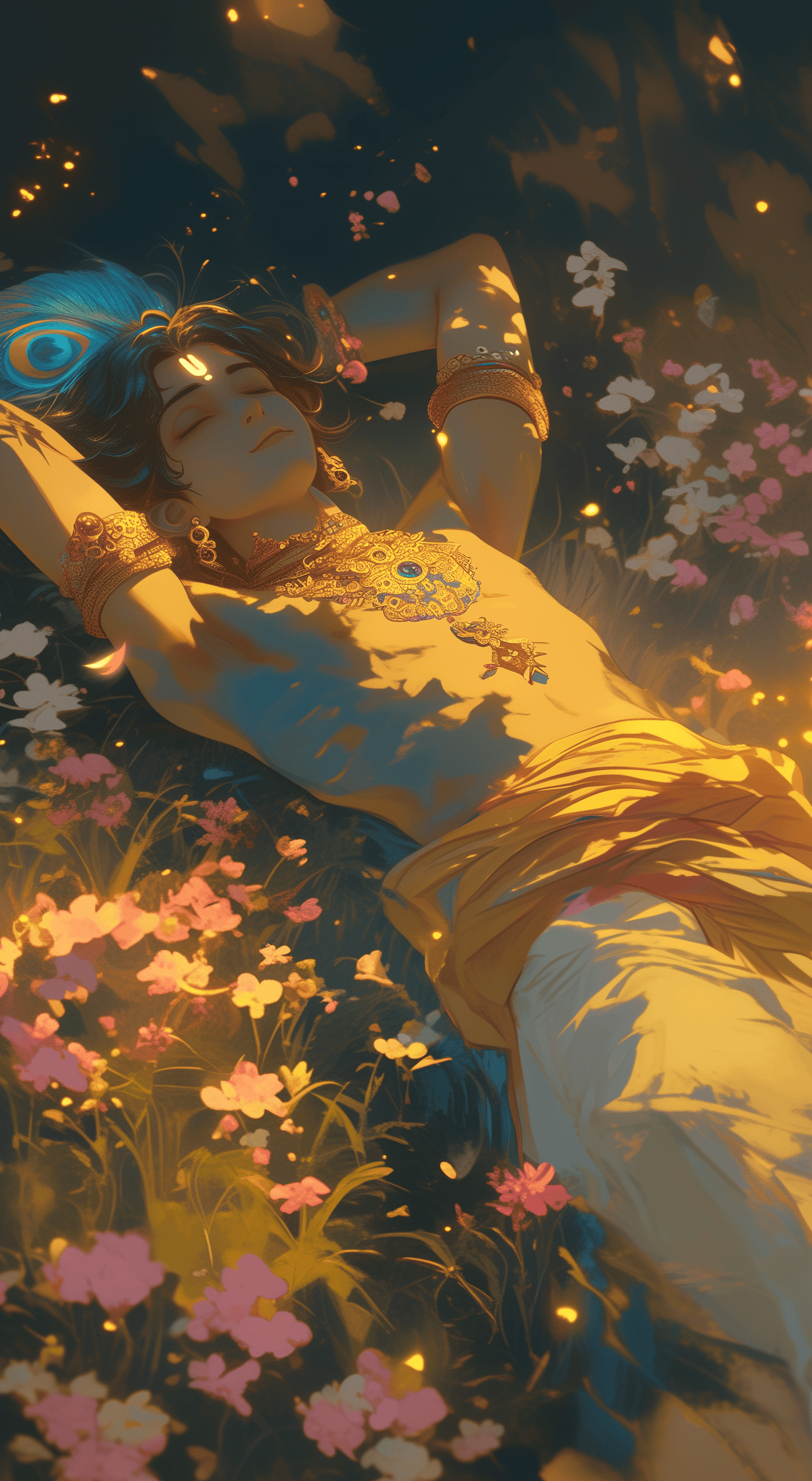 Lord Krishna Resting in a Field of Flowers Wallpaper
