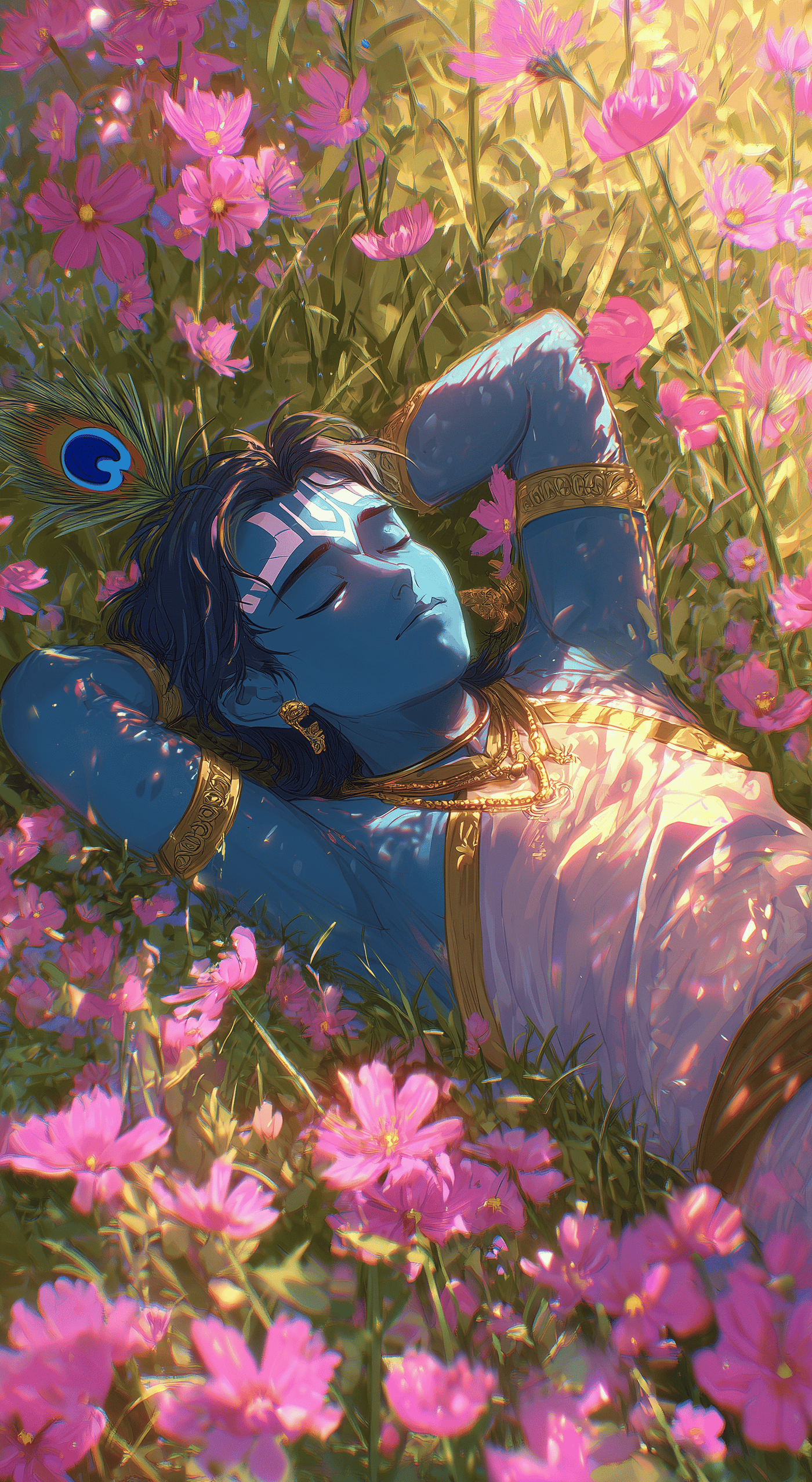 Lord Krishna Sleeping in Flower Field Wallpaper