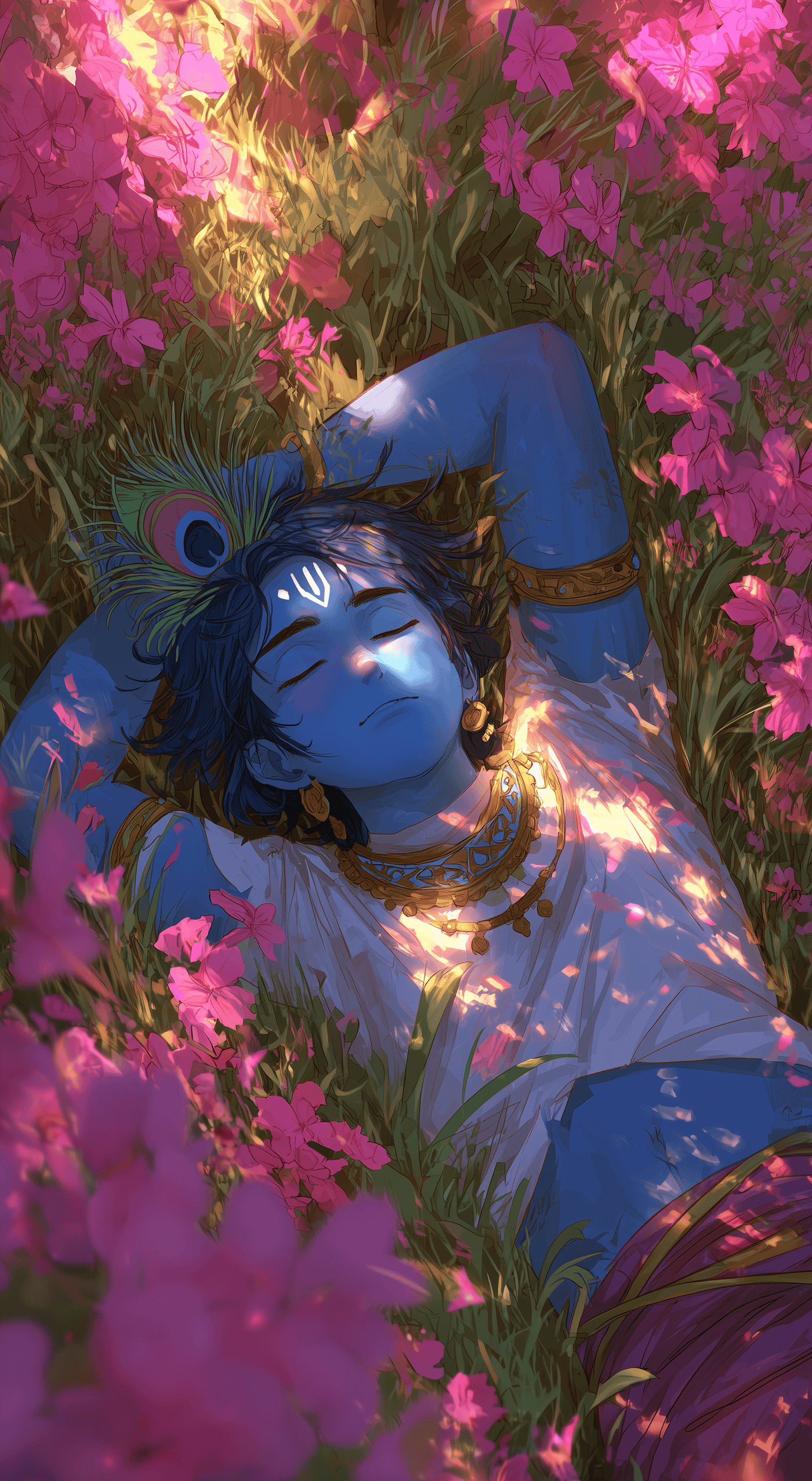Lord Krishna Art Lying in Flowers