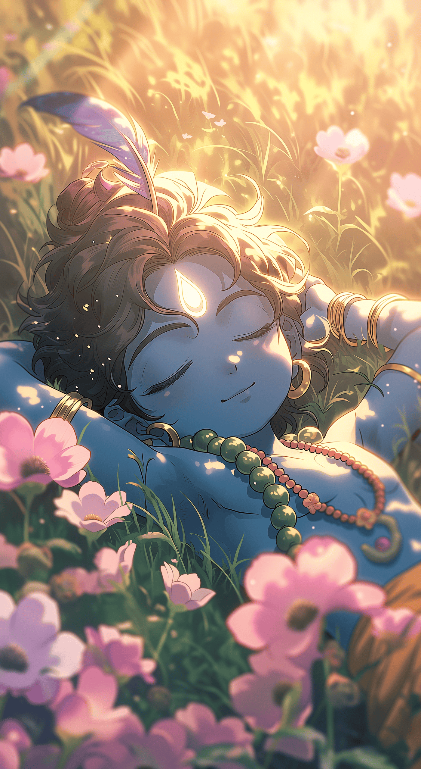 Lord Krishna Sleeping Among Flowers Illustration