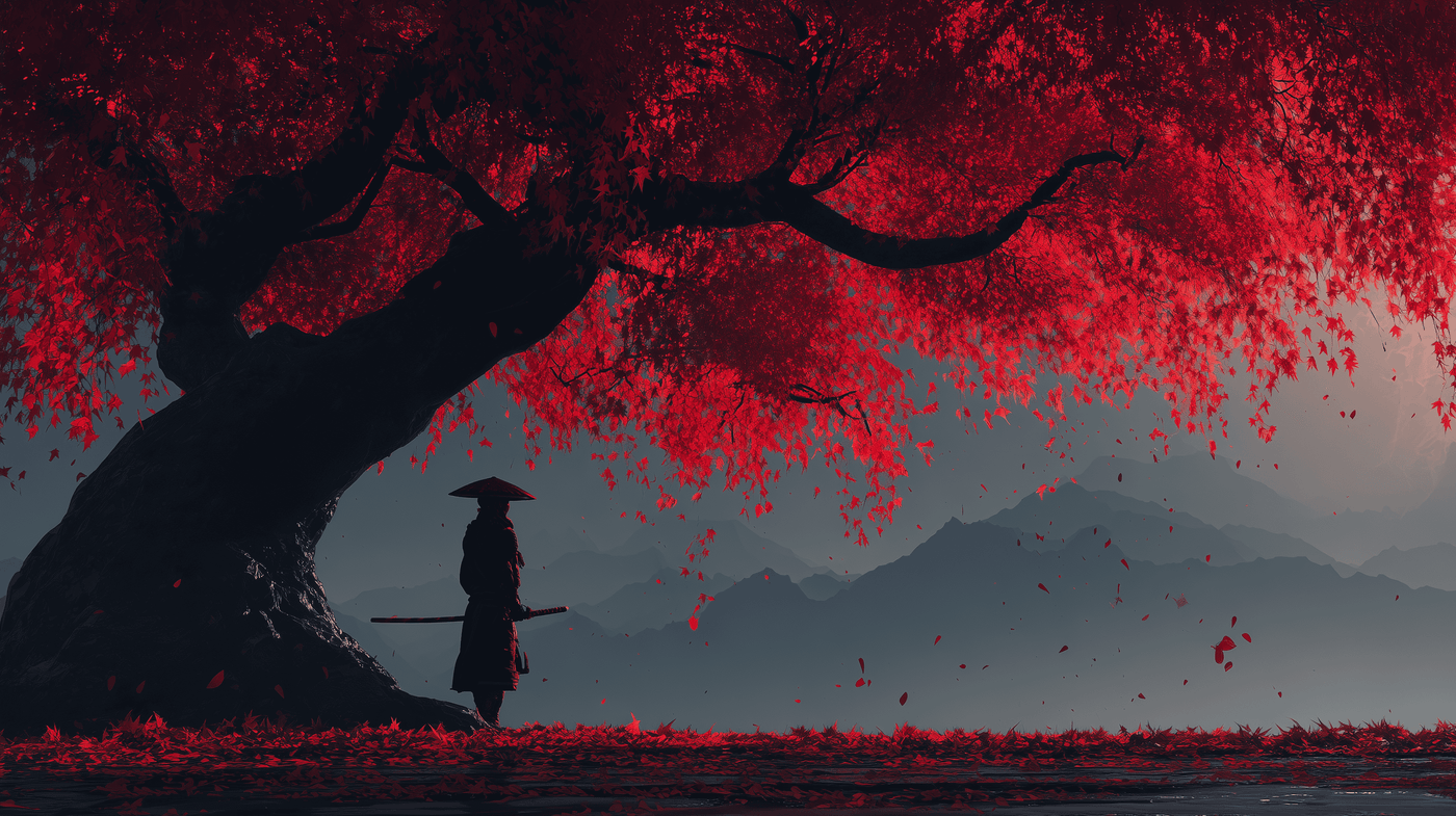 Samurai with Sword Under Red Maple Tree