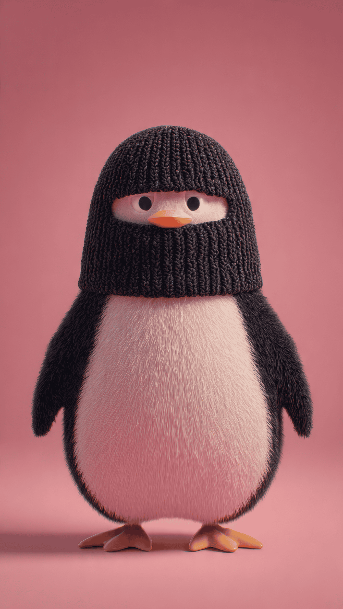 Penguin with Knit Cap on Pink Background