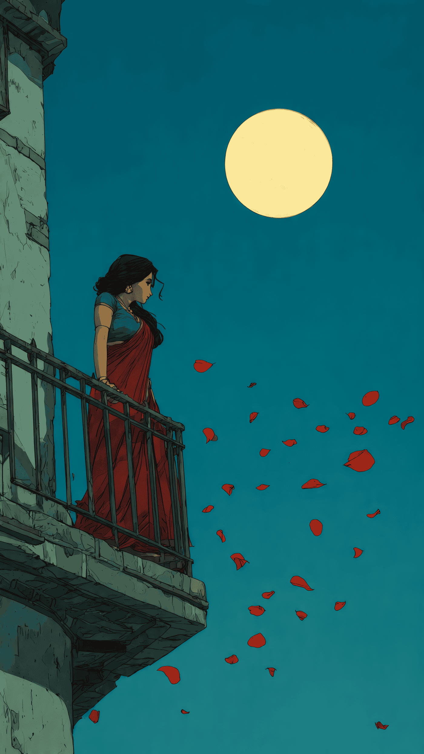Woman in Saree on Balcony with Rose Petals