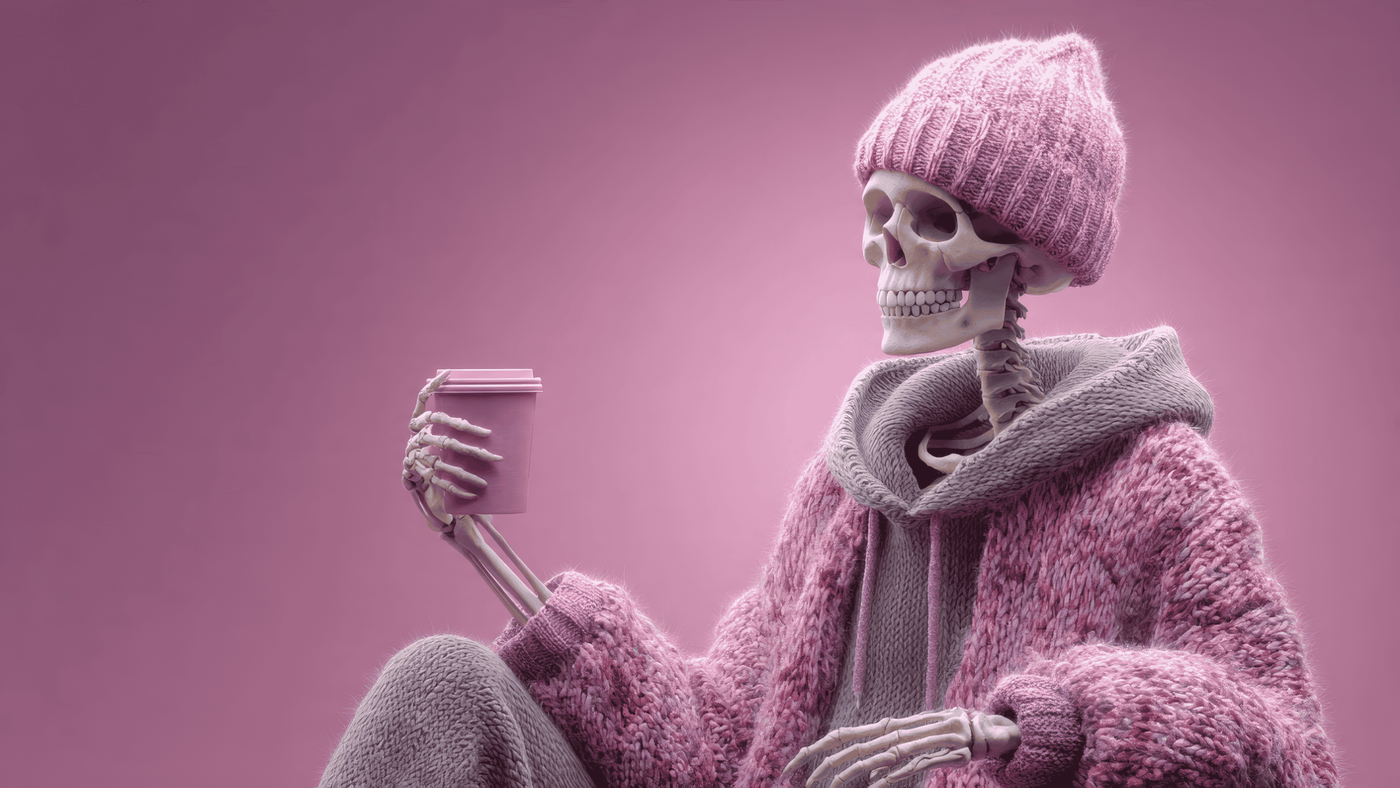 Skeleton in Hoodie with Coffee Cup