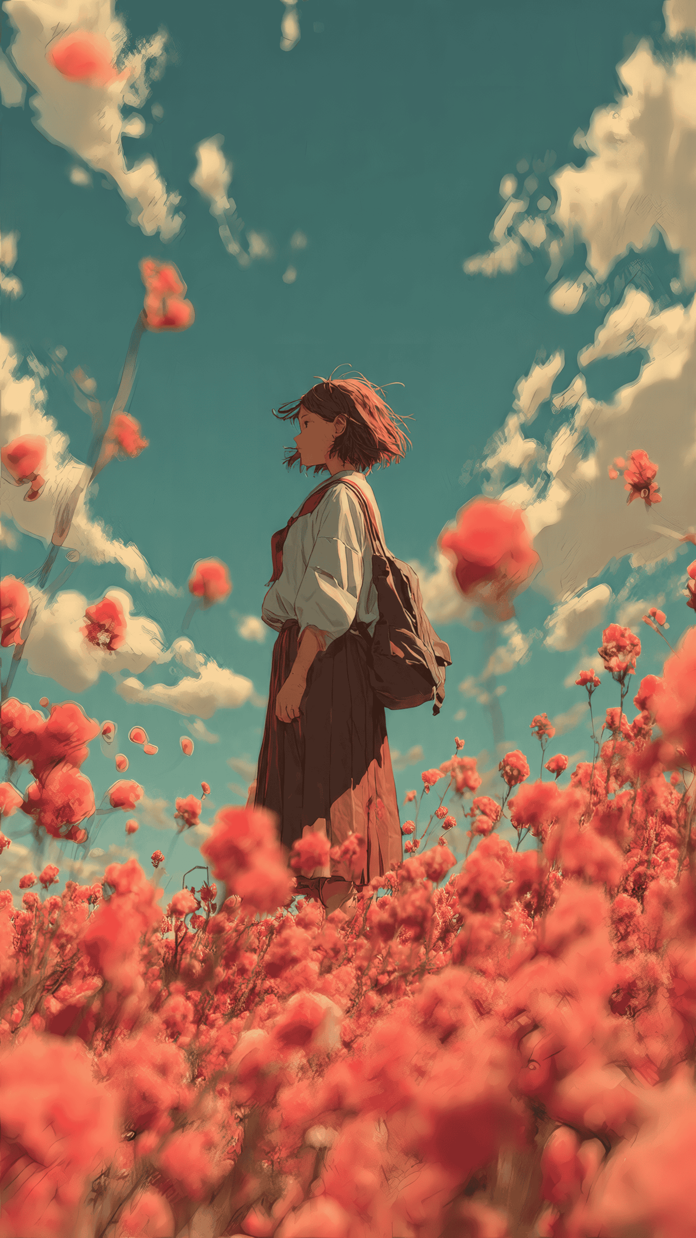 Girl with Flowers in Field Anime Style Art