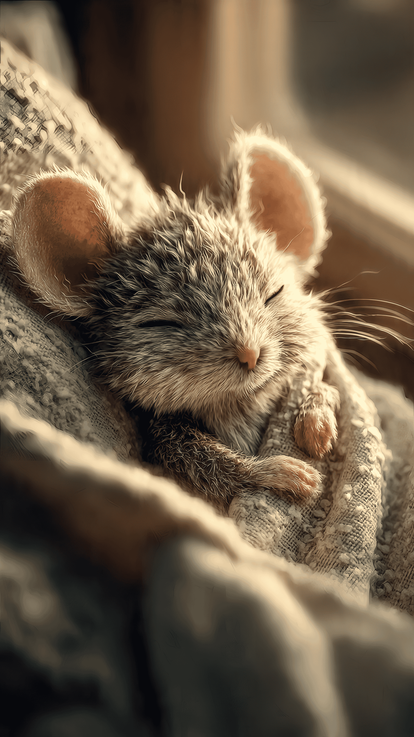 Cute Sleeping Mouse on Soft Blanket
