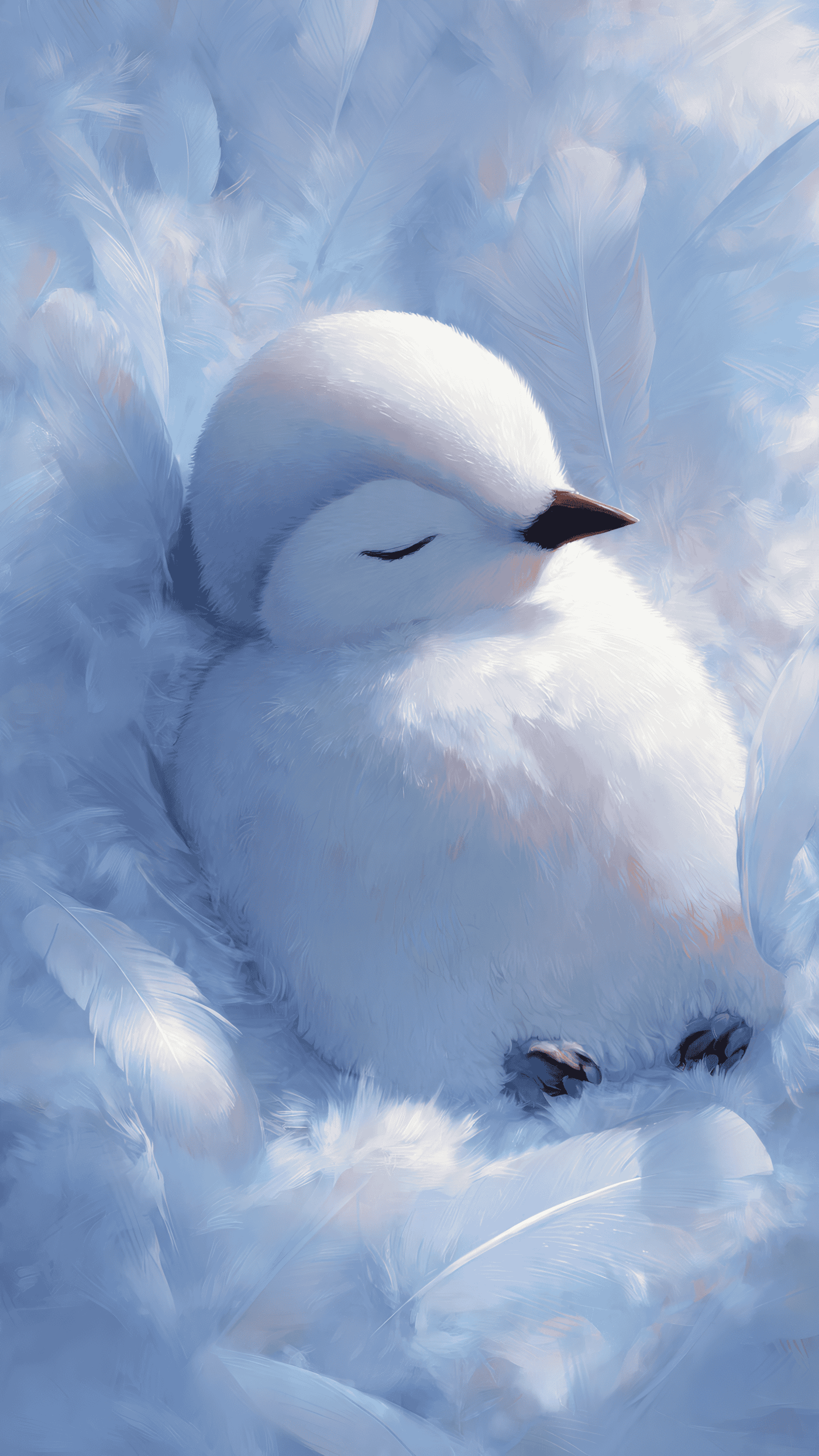 White Bird Sleeping in a Nest of Feathers