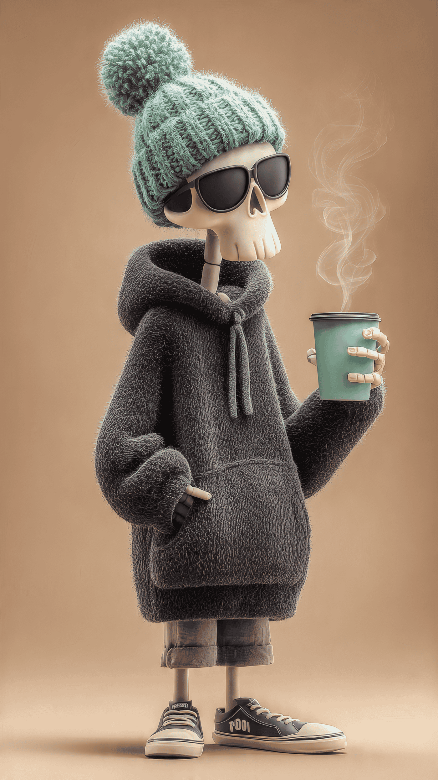 Cartoon Skeleton with Coffee and Hoodie