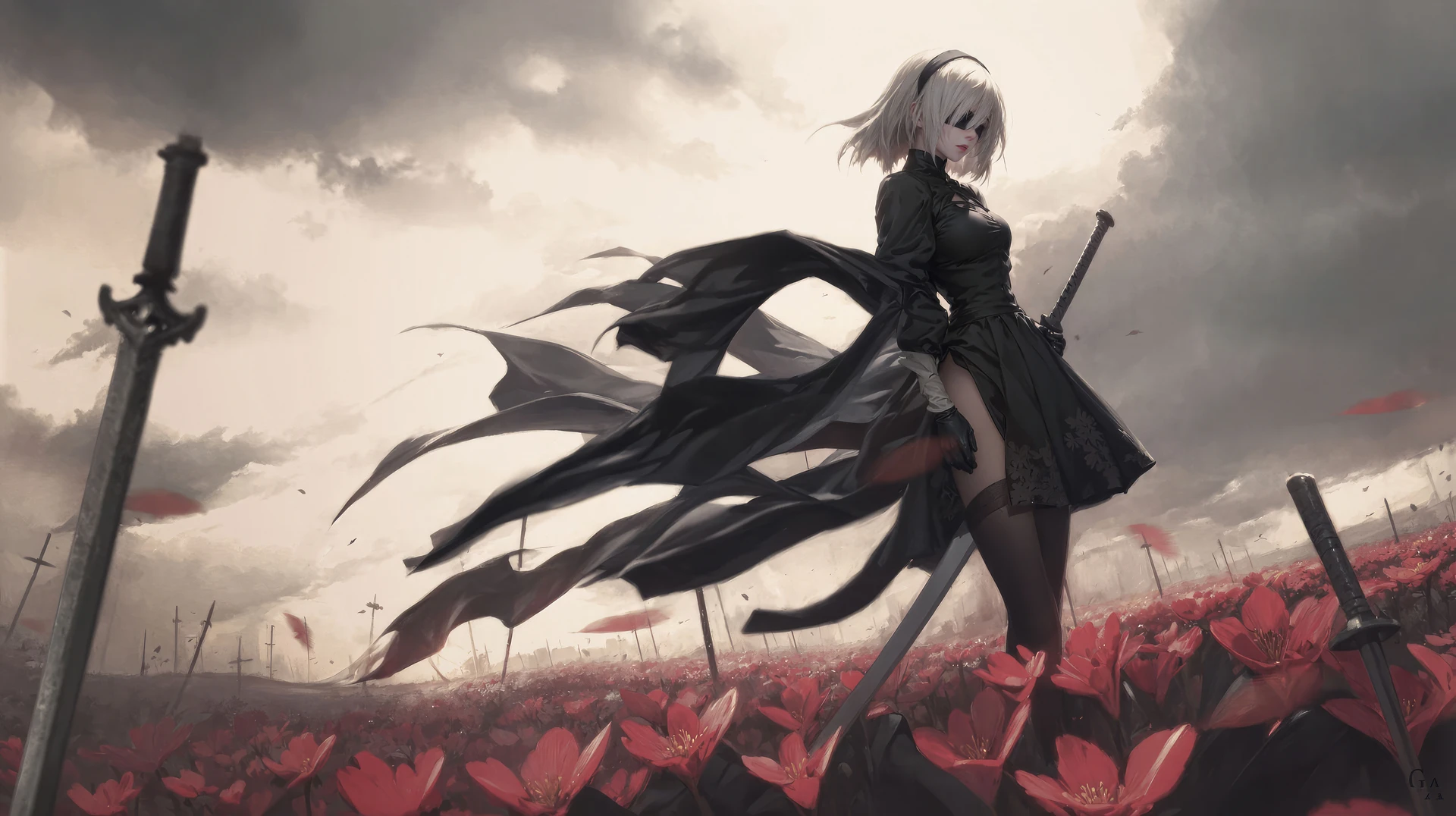 2b Standing Amidst a Field of Red Flowers and Fallen Blades Gaming wallpaper 1920x1076