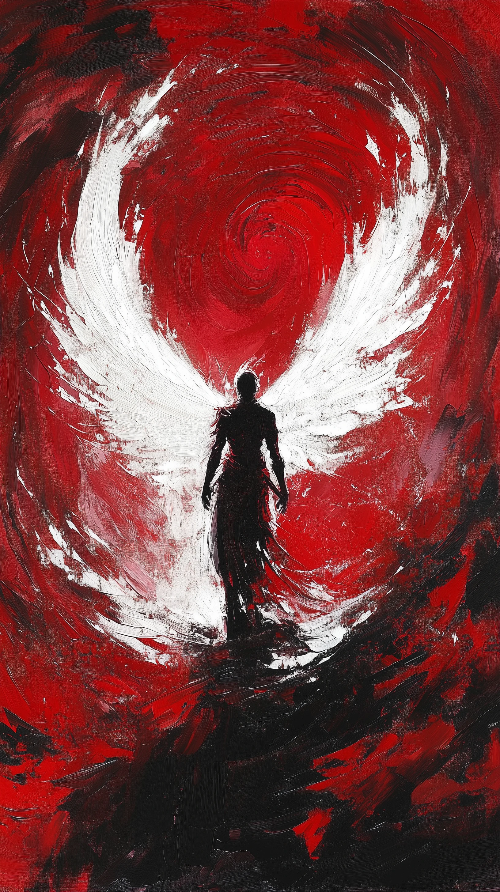 Abstract Angel Figure in Red and White Vortex Painting