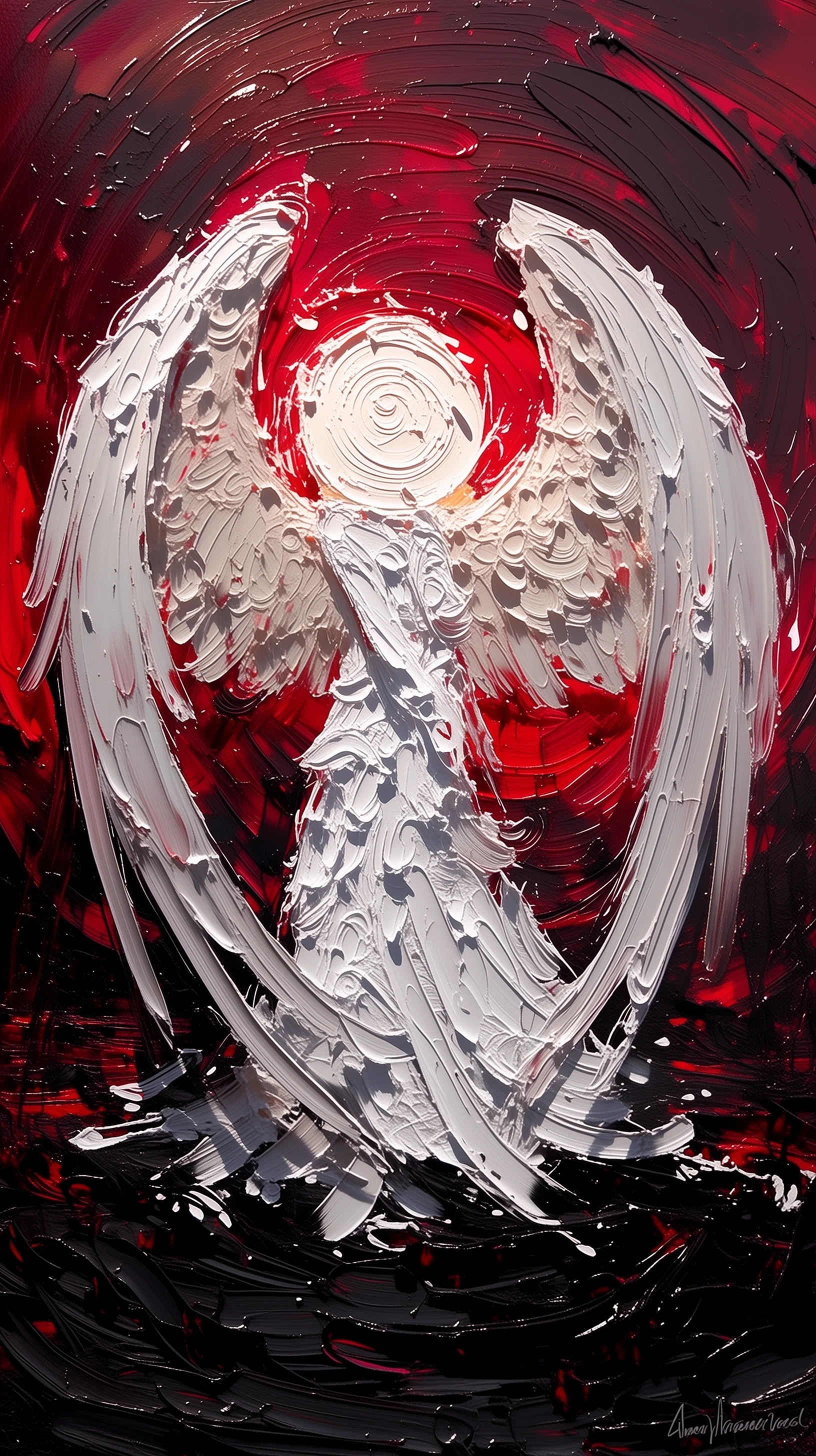Abstract Angel Painting with White Wings on Red and Black