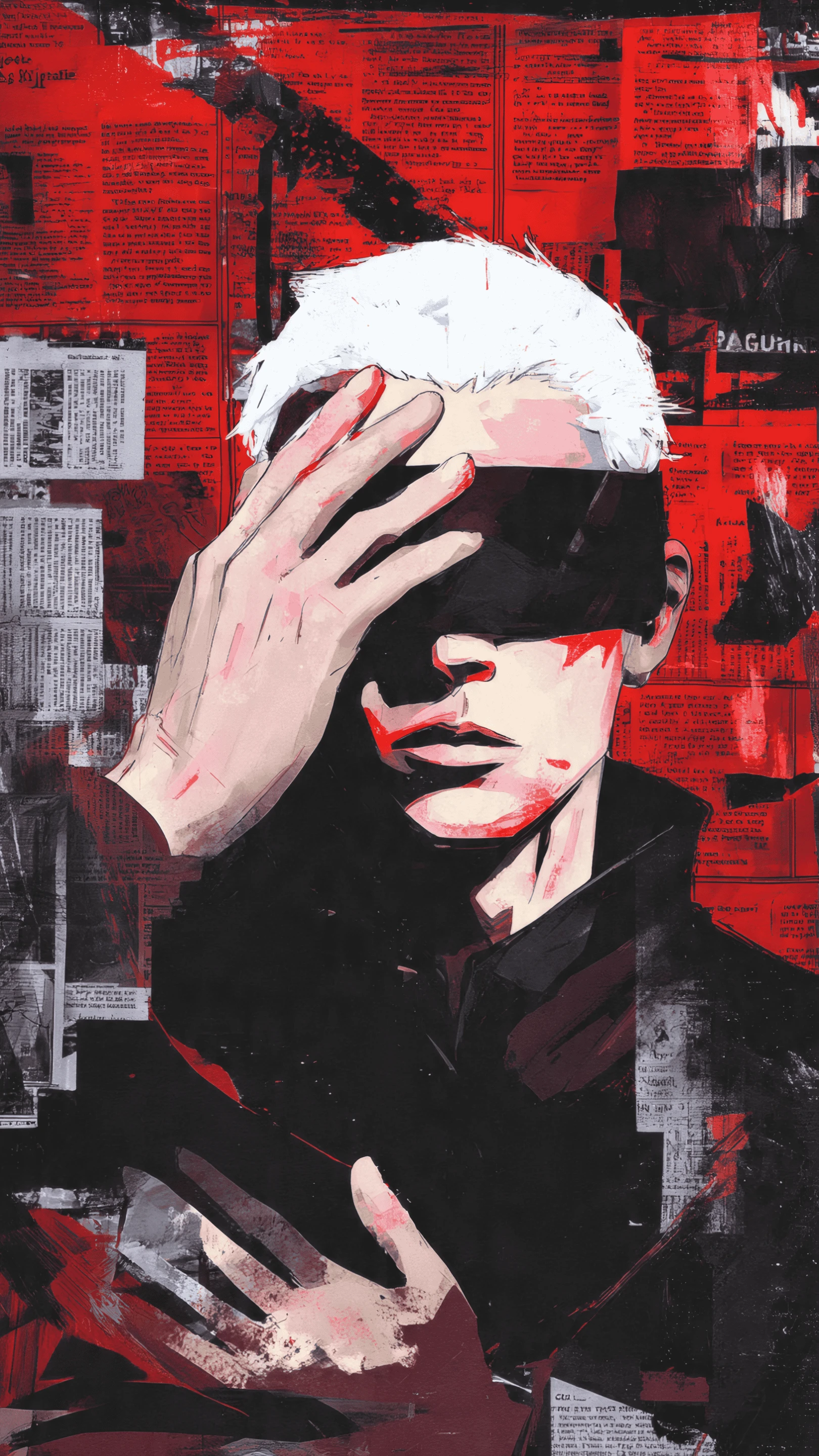 Abstract Anime Man with Blindfold and Red Newspaper Backgrou