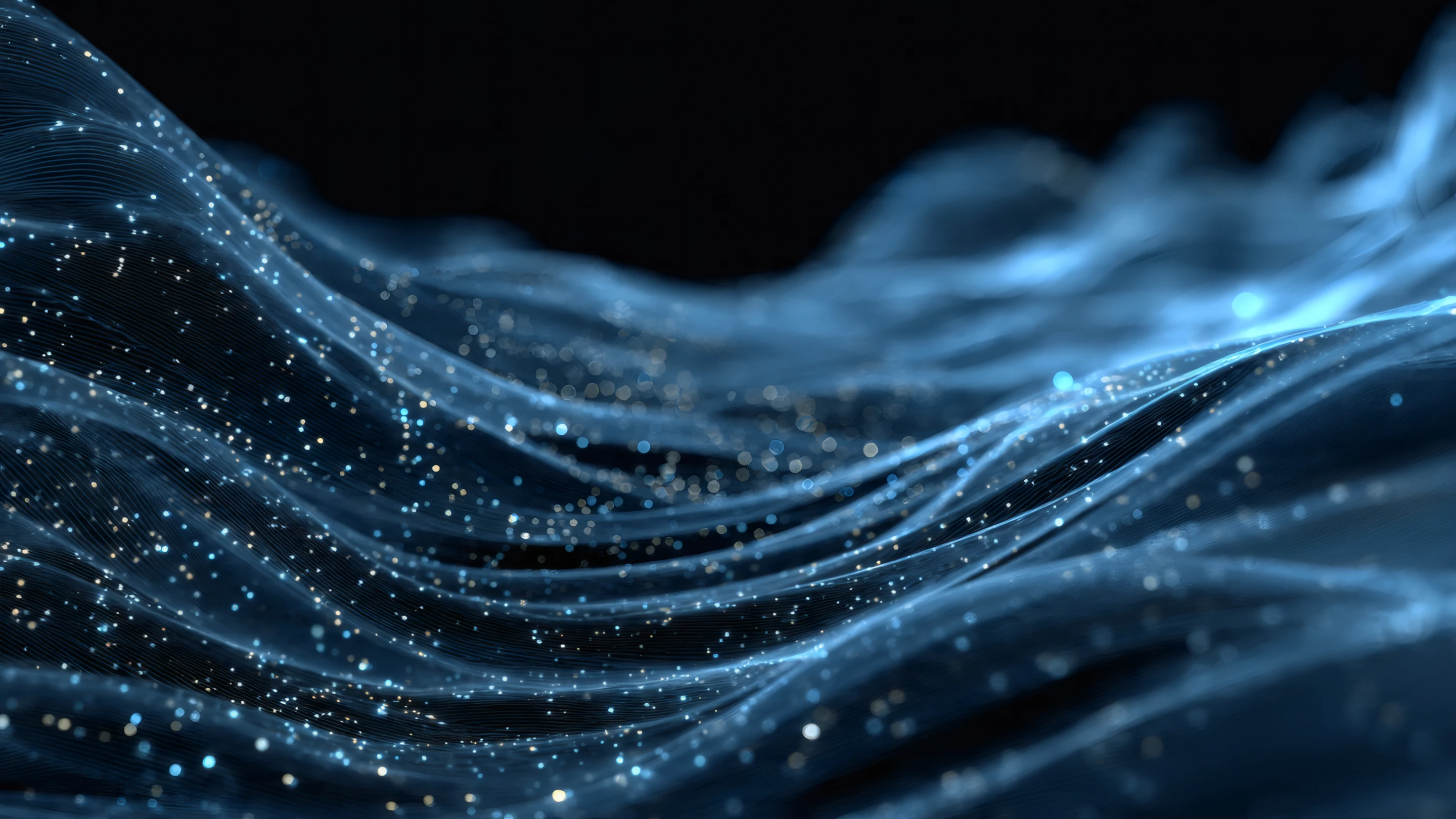 Abstract Blue Wavy Lines with Glowing Particles on Dark