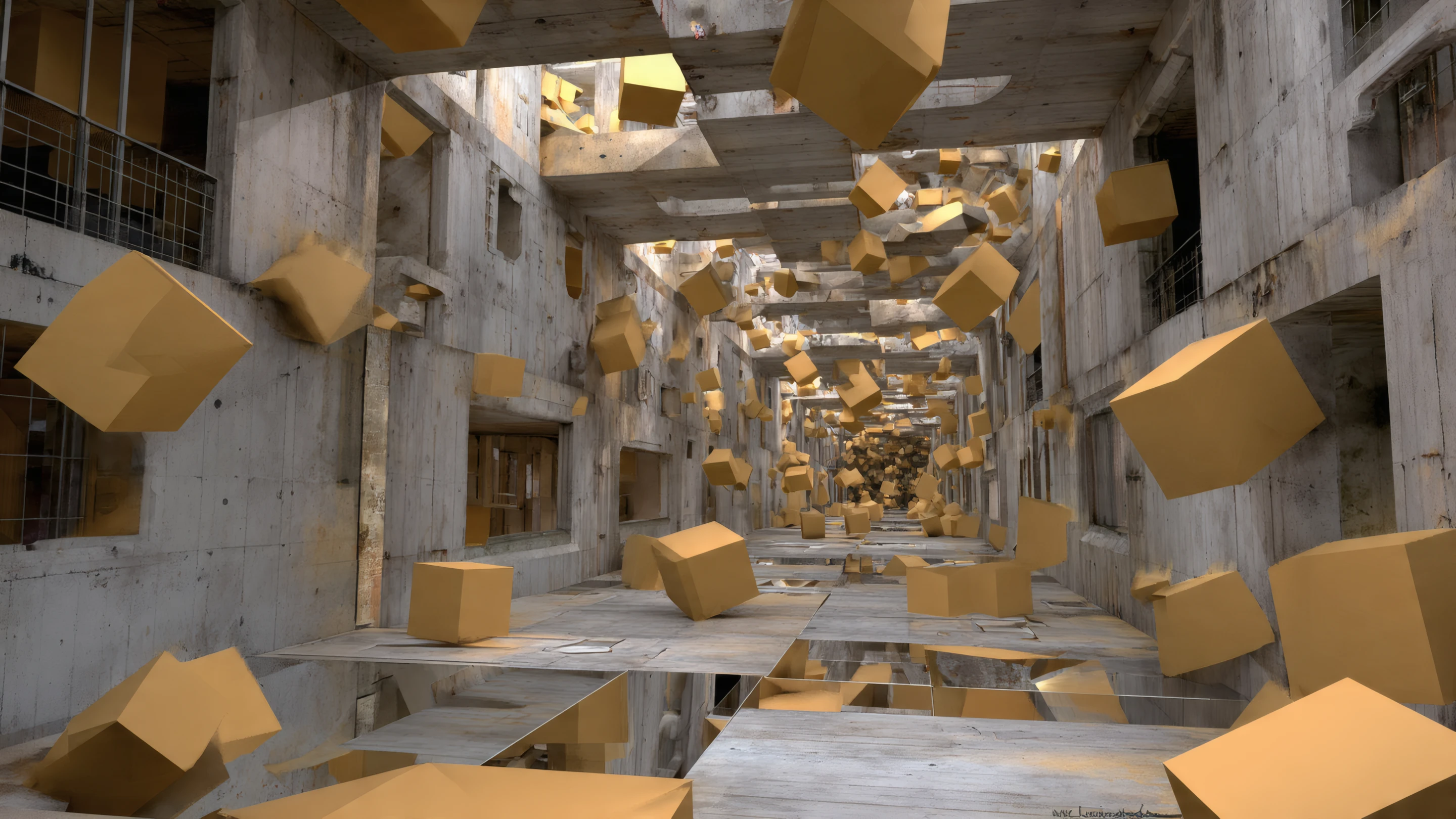 Abstract Concrete Building with Floating Tan Cubes