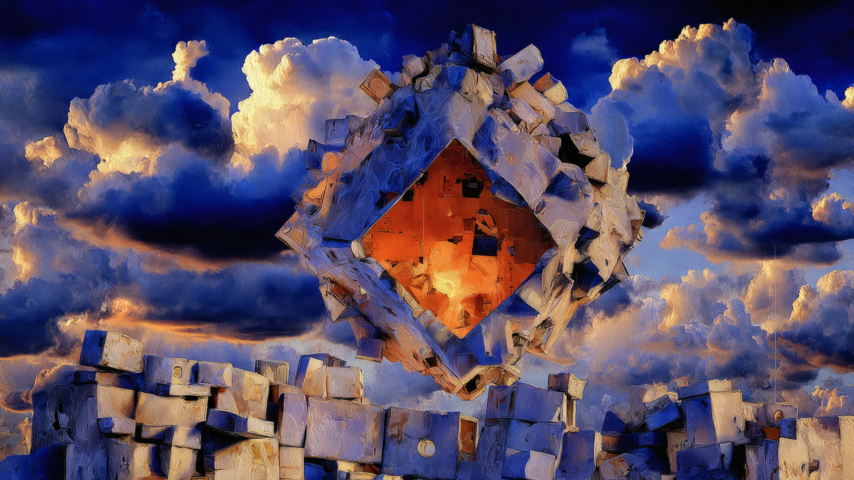 Abstract Cube Structure with Orange Core Against Cloudy Sky