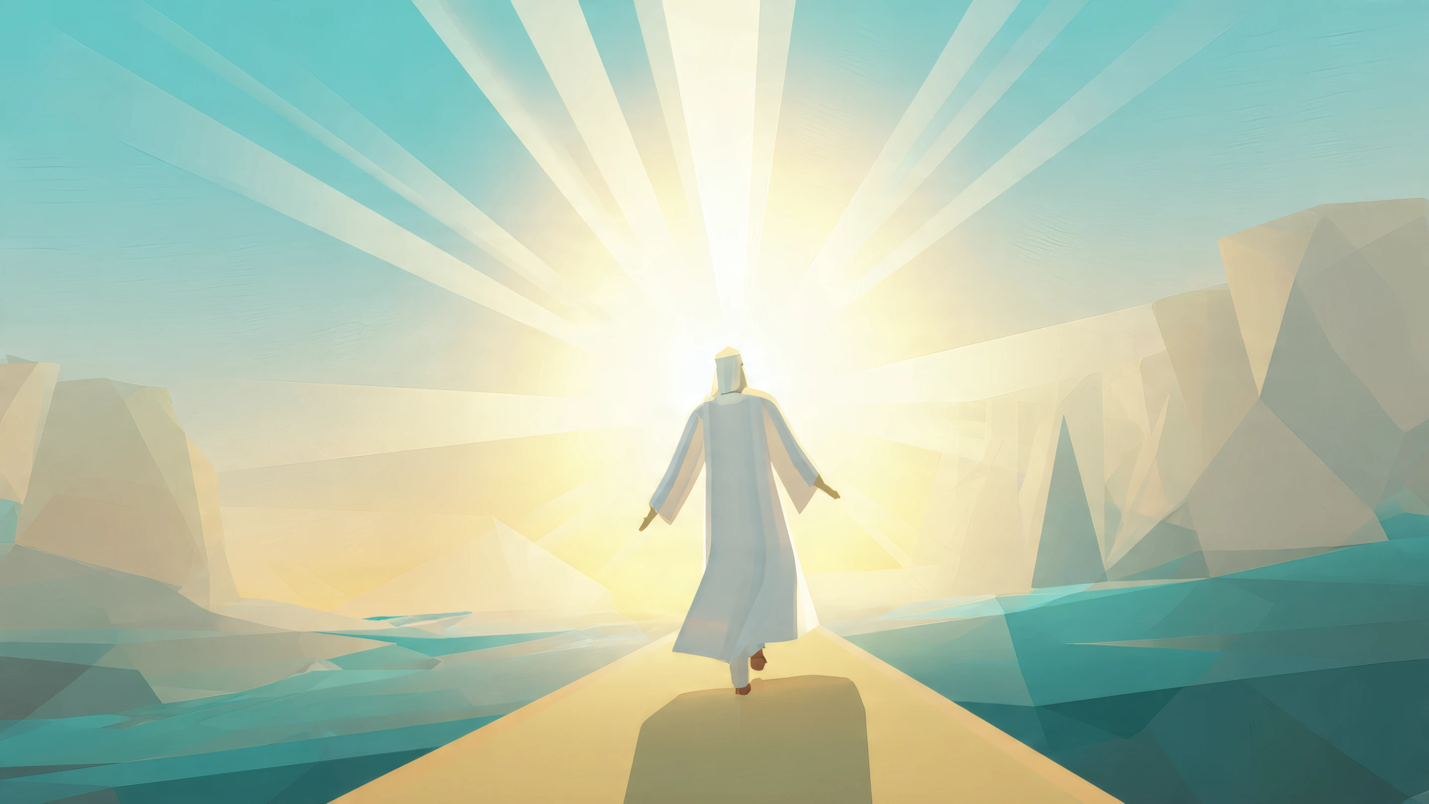 Abstract Figure Walking Towards Radiant Light