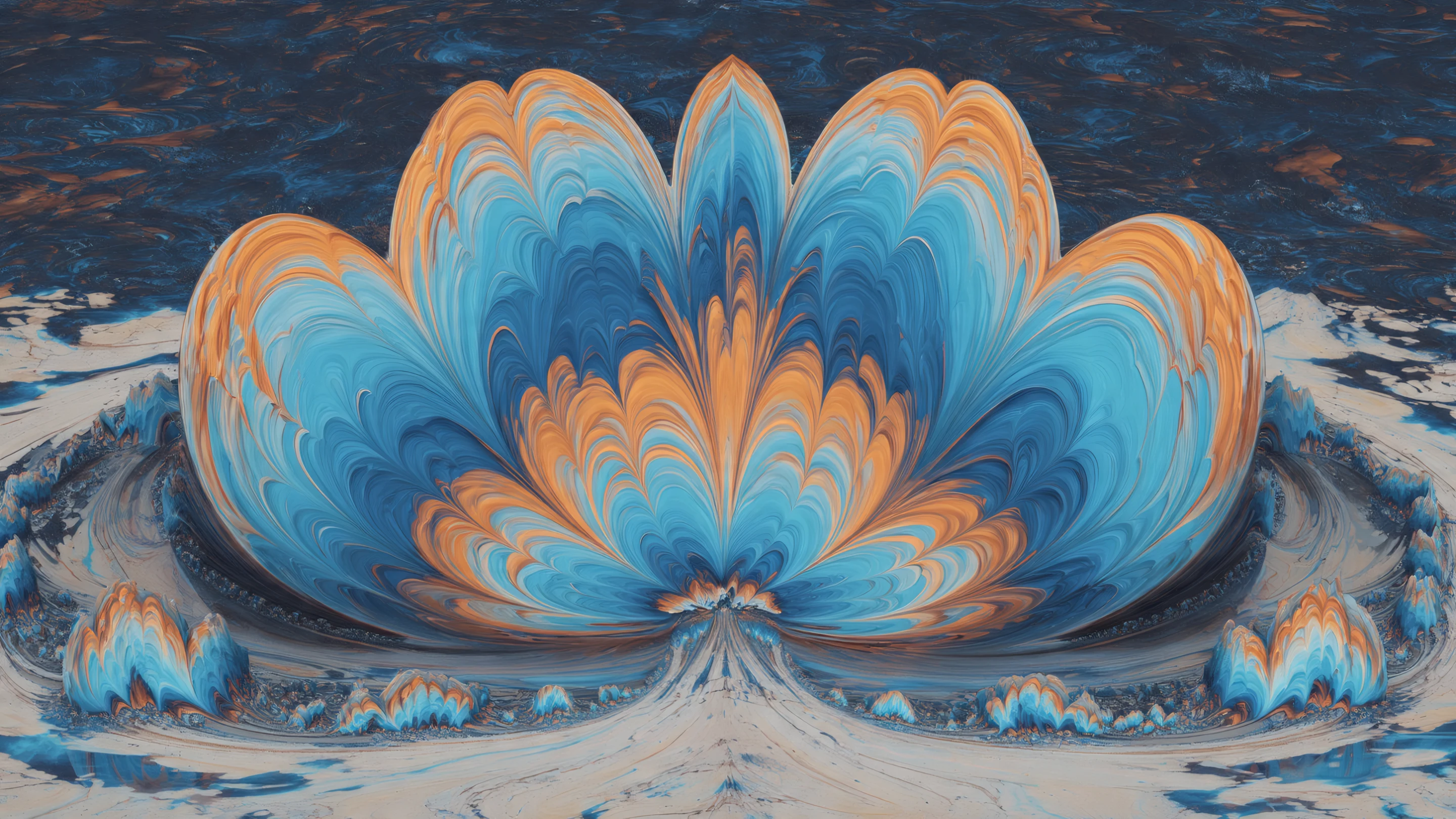 Abstract Fractal Flower with Swirling Blue and Orange