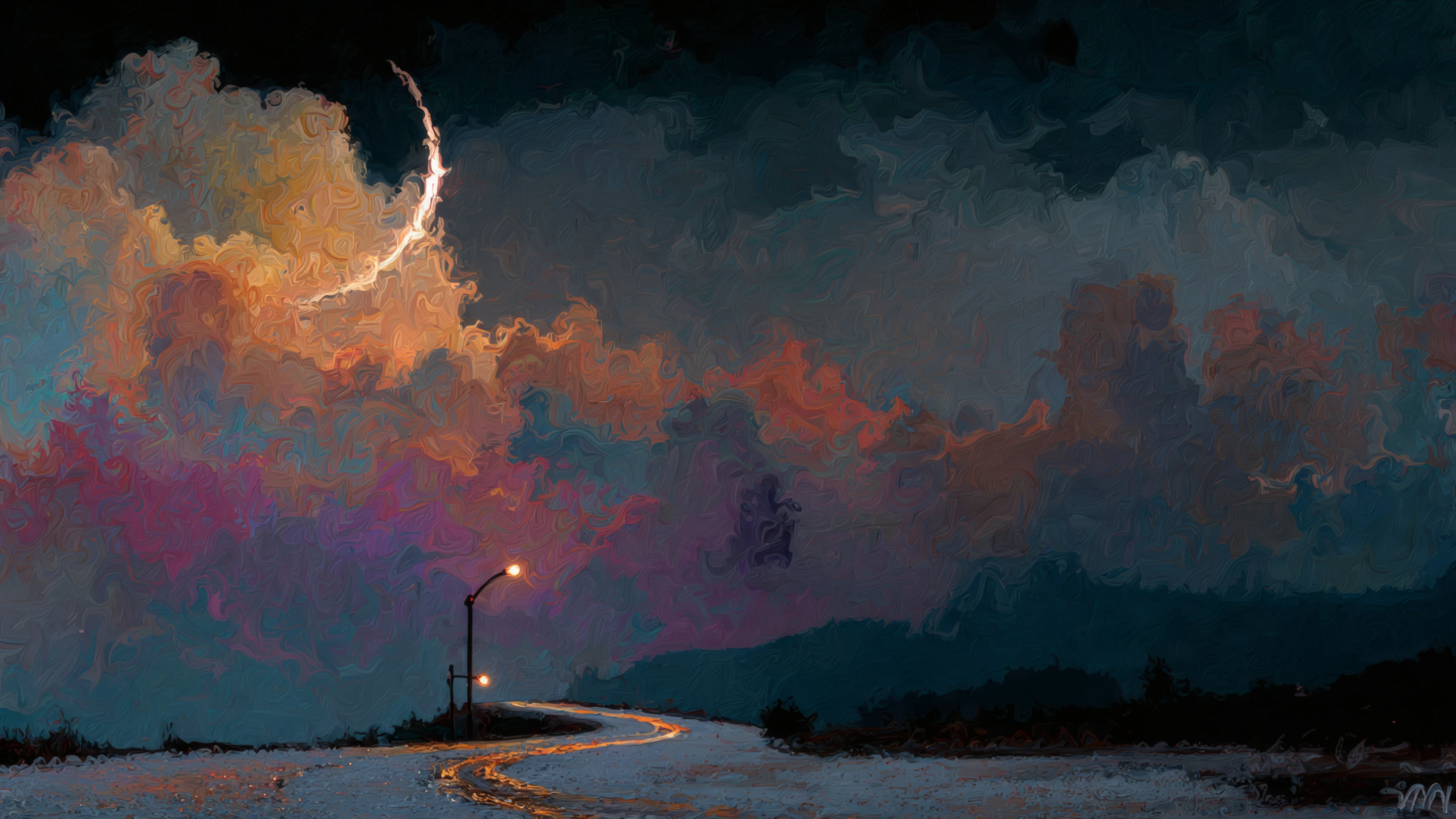 Abstract Night Landscape with Colorful Sky and Road