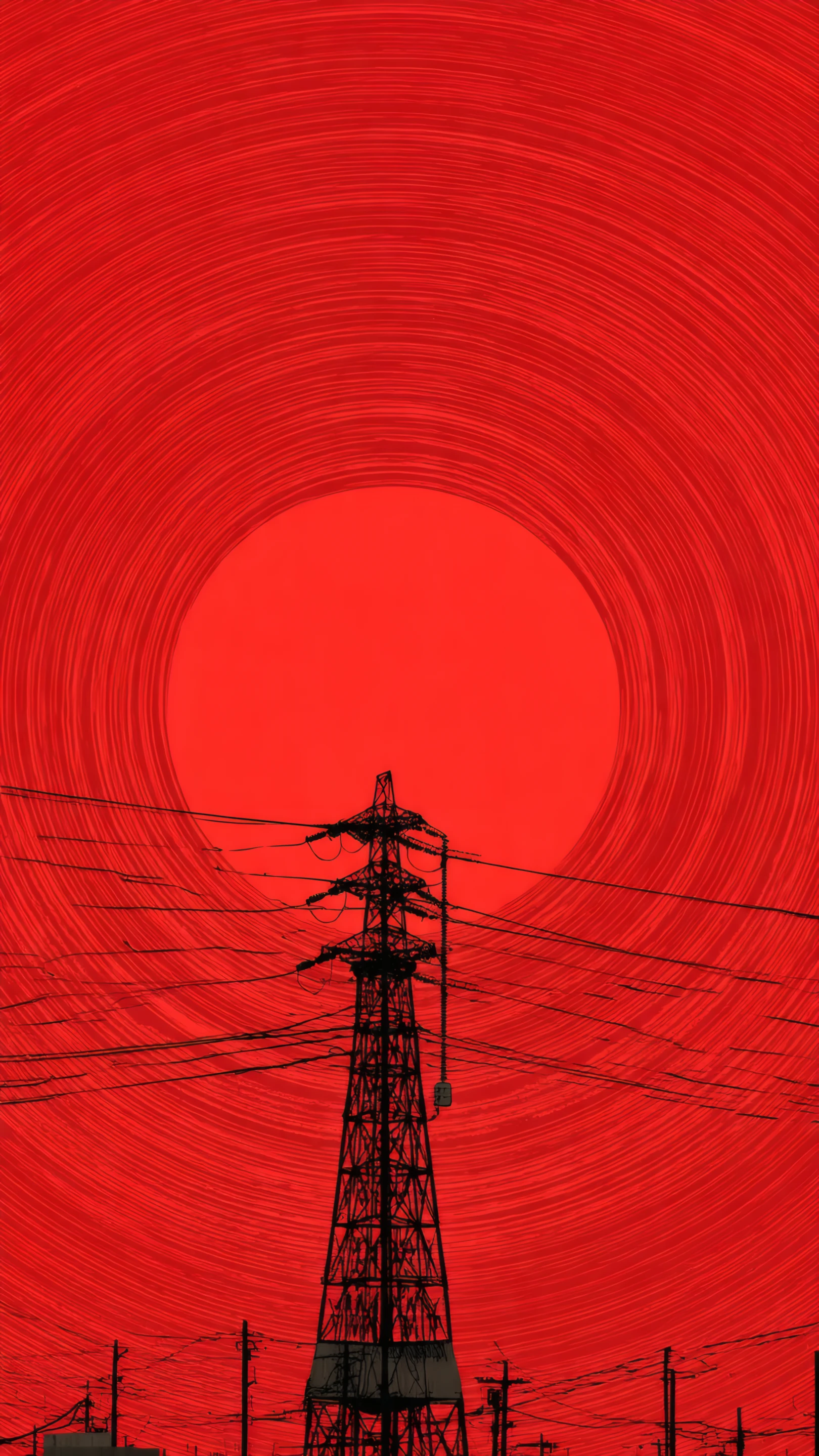 Abstract Red Spiral Sky with Power Lines Silhouette