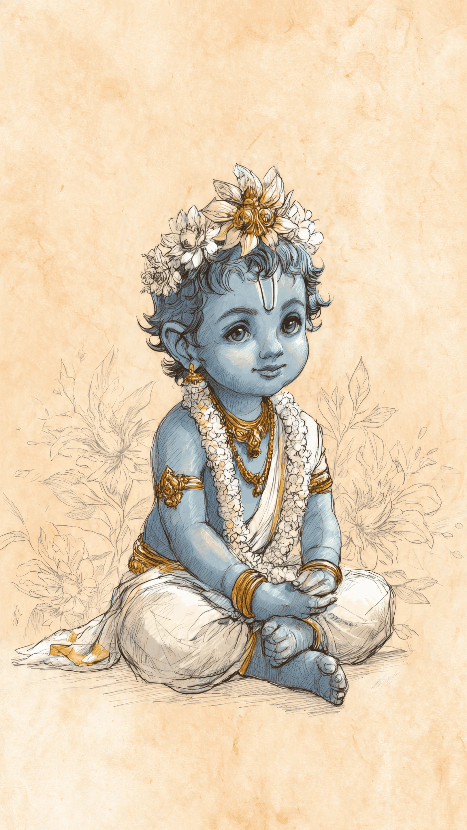 Adorable Baby Krishna Sketch with Floral Garland and Jewelry