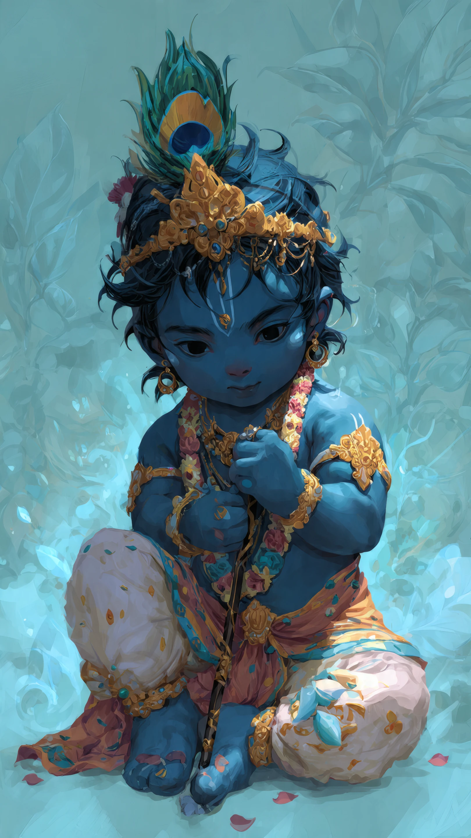 Adorable Baby Krishna with Golden Crown and Flute