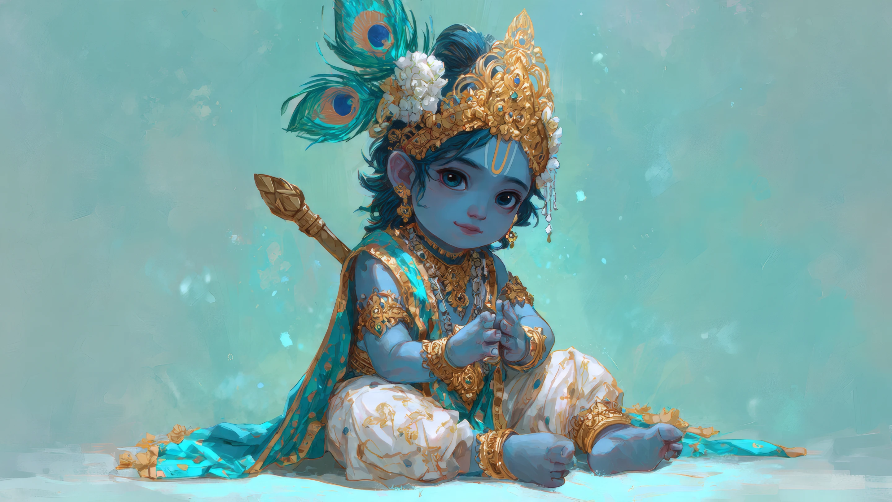 Adorable Baby Krishna with Peacock Feathers and Gold