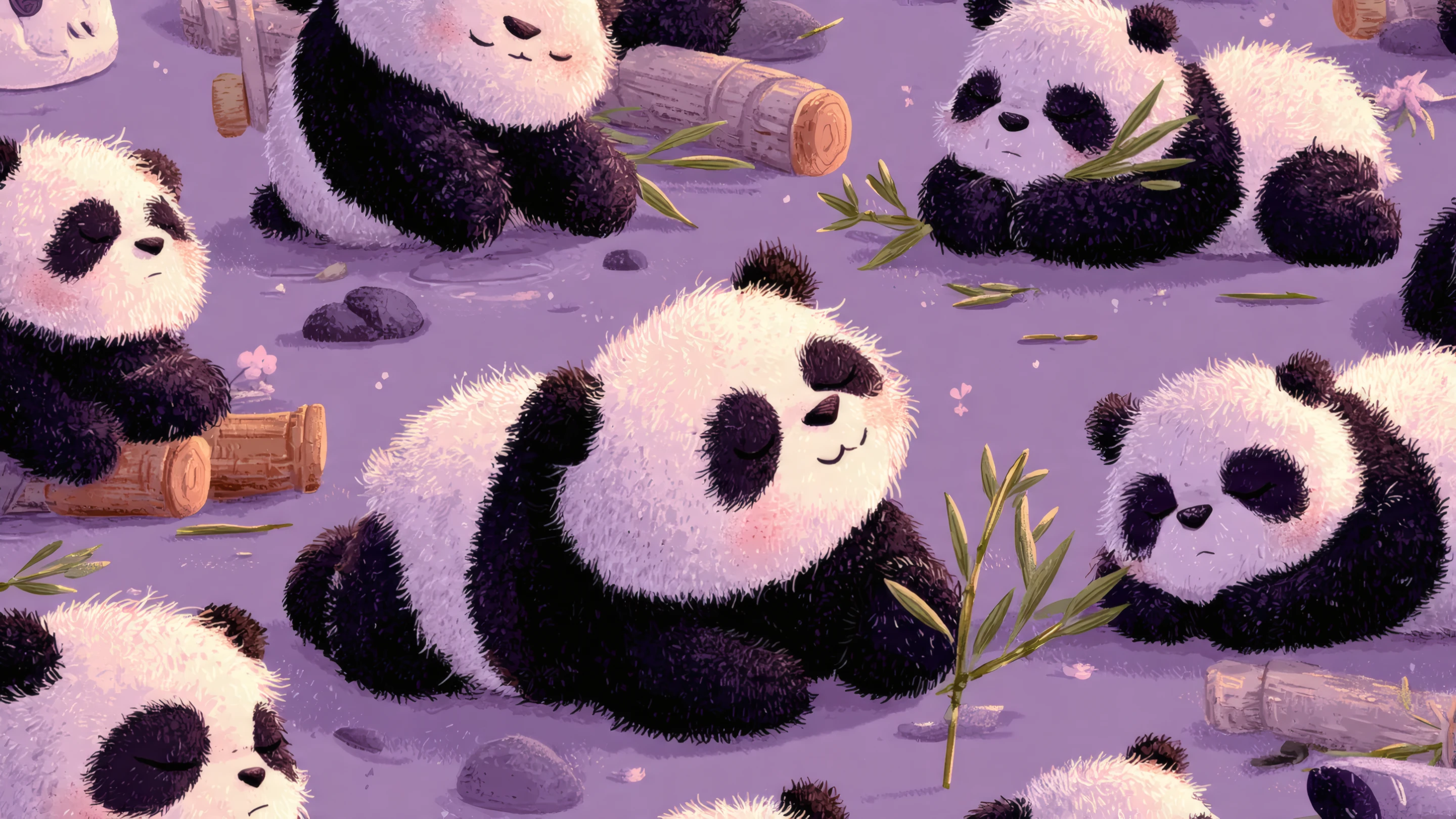 Adorable Cartoon Pandas Sleeping Peacefully on Lavender