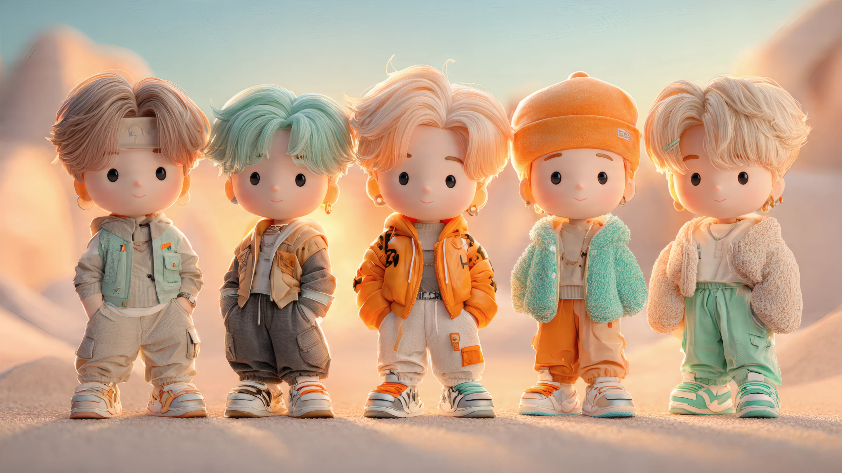 Adorable Chibi Dolls in Pastel Outfits on Sand Dunes