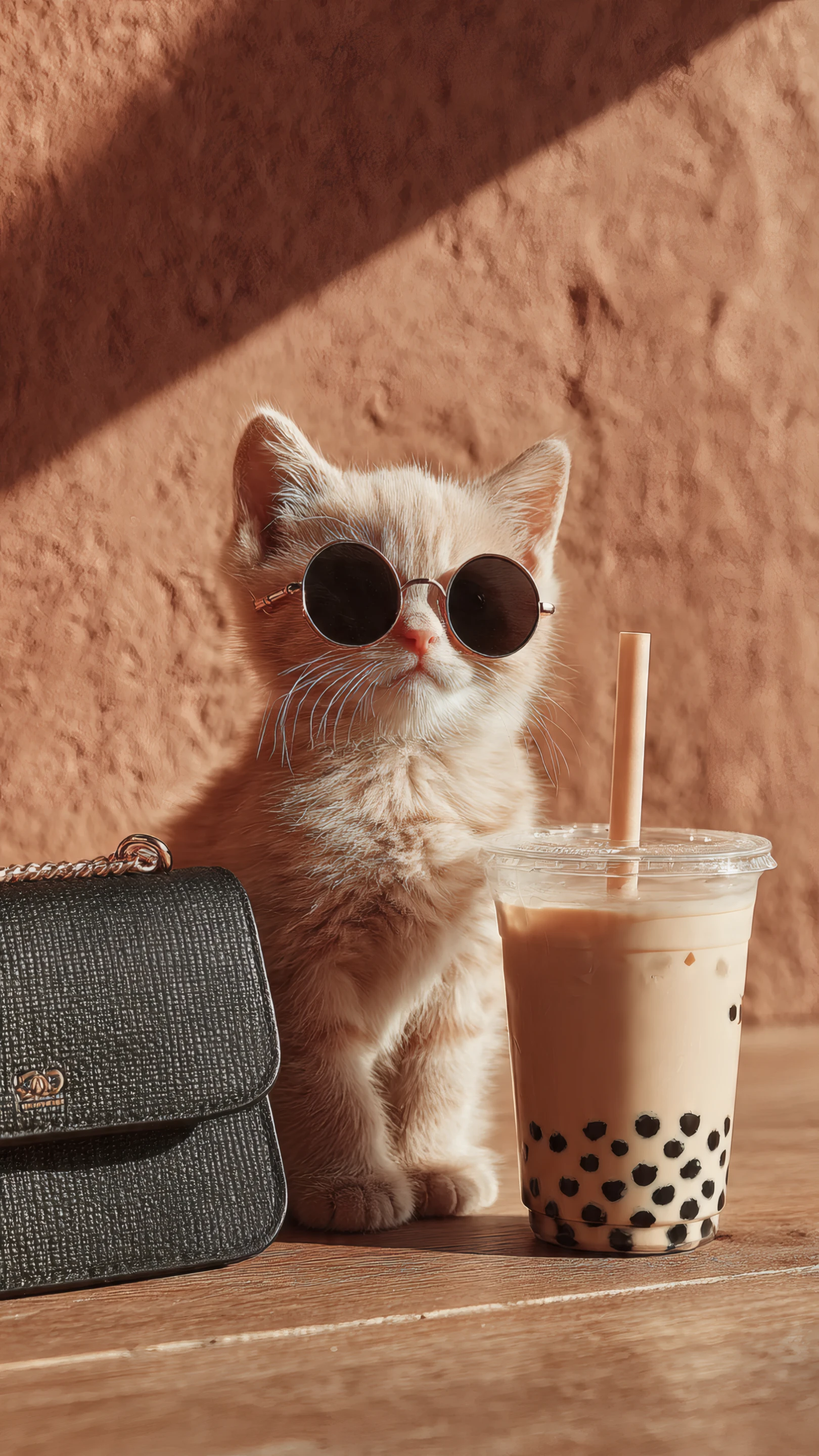 Adorable Kitten with Sunglasses and Bubble Tea