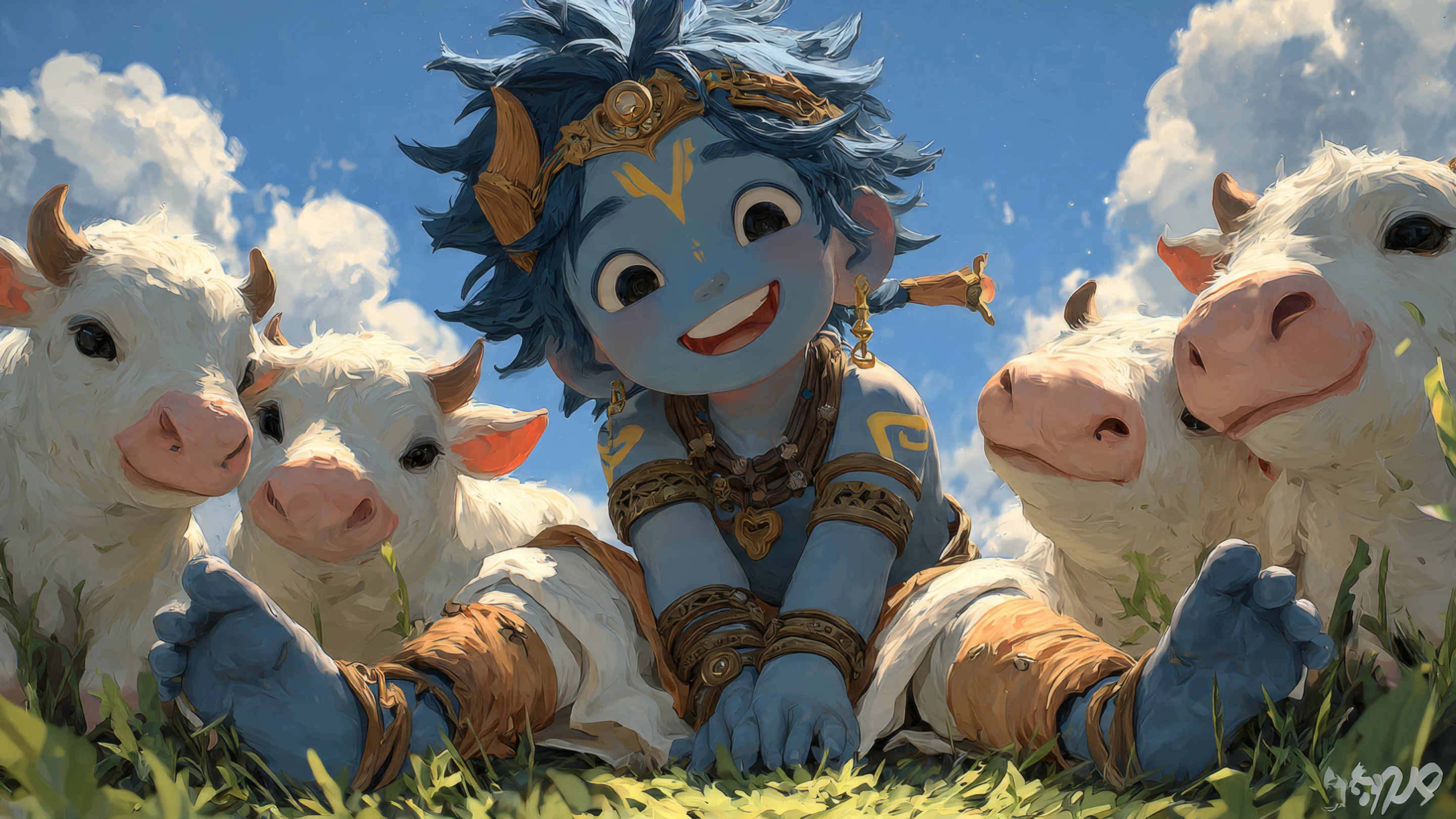 Adorable Krishna with Cows in Sunny Meadow Illustration