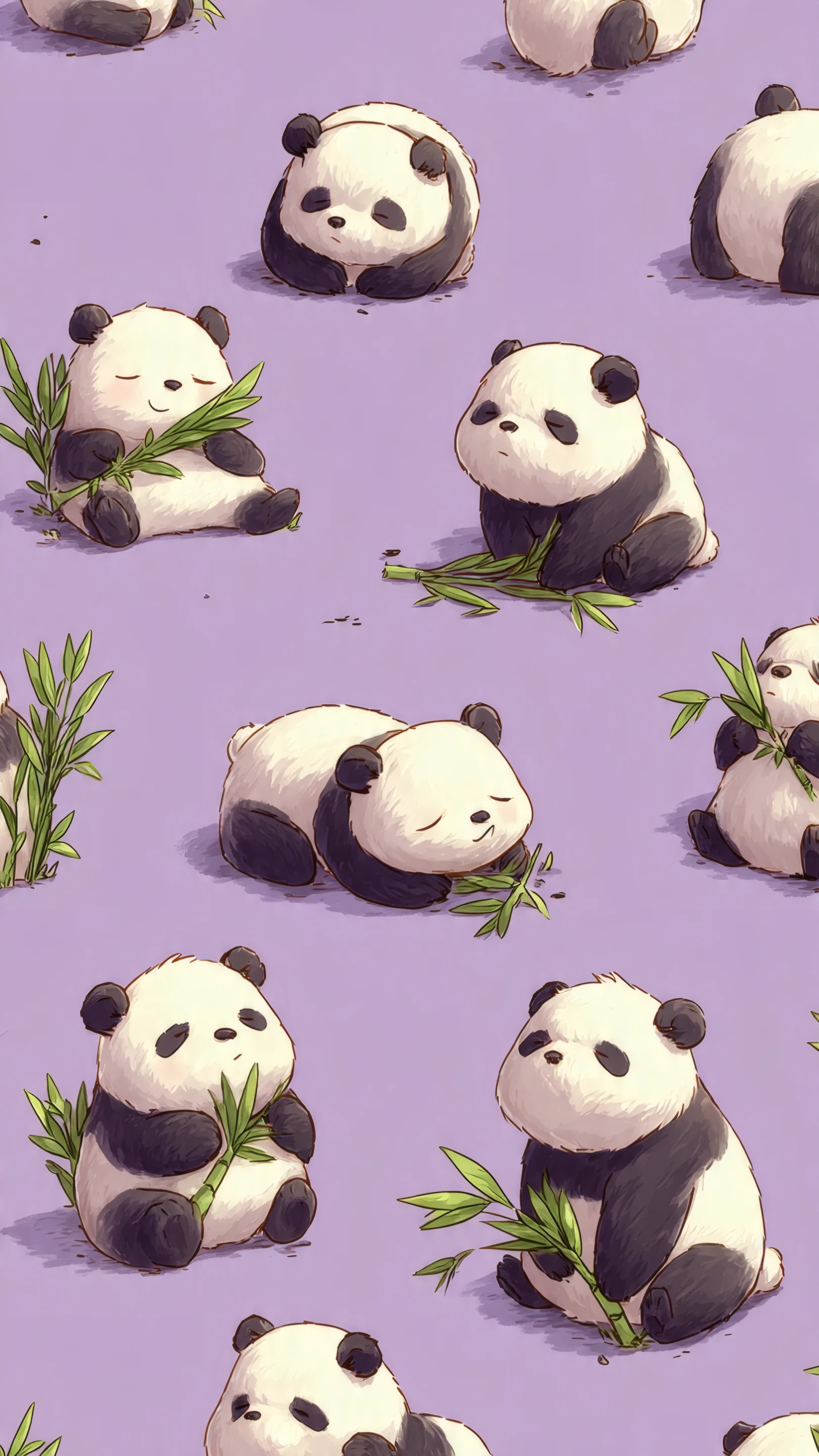 Adorable Panda Bears with Bamboo on Lilac Background