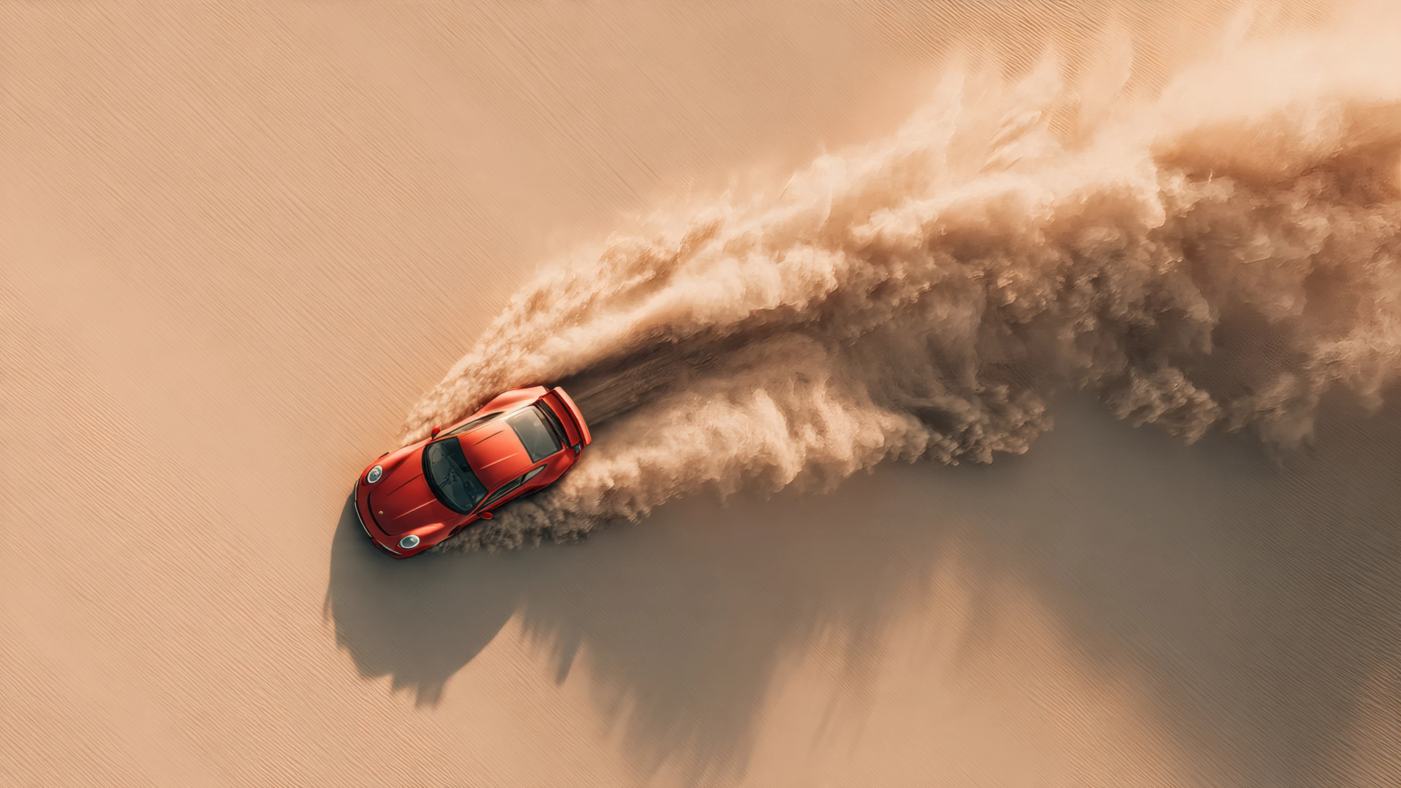 Aerial View of Red Car Drifting in Desert Sandstorm