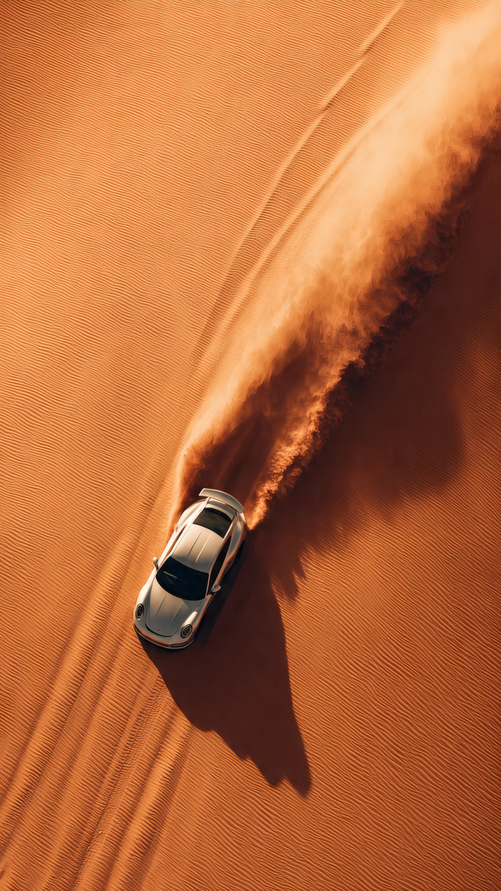 Aerial View of White Car Drifting in Orange Desert Sand