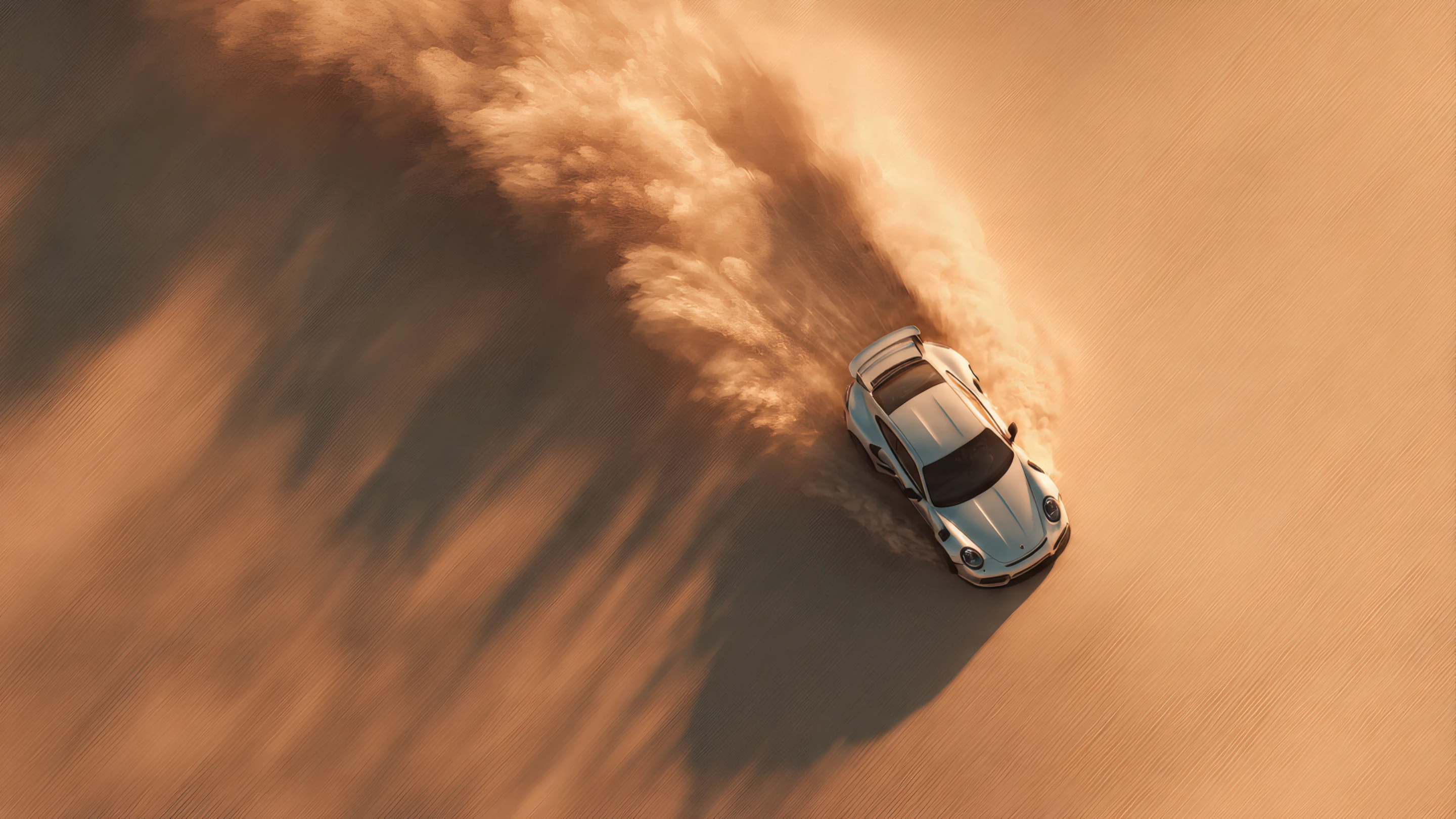 Aerial View of White Car Drifting in Sand Dunes