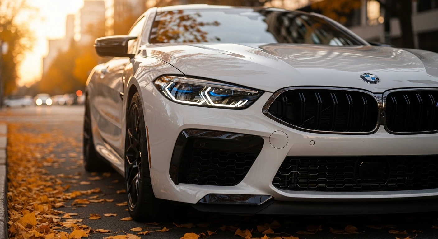 Alpine White Bmw M8 on Autumn Street