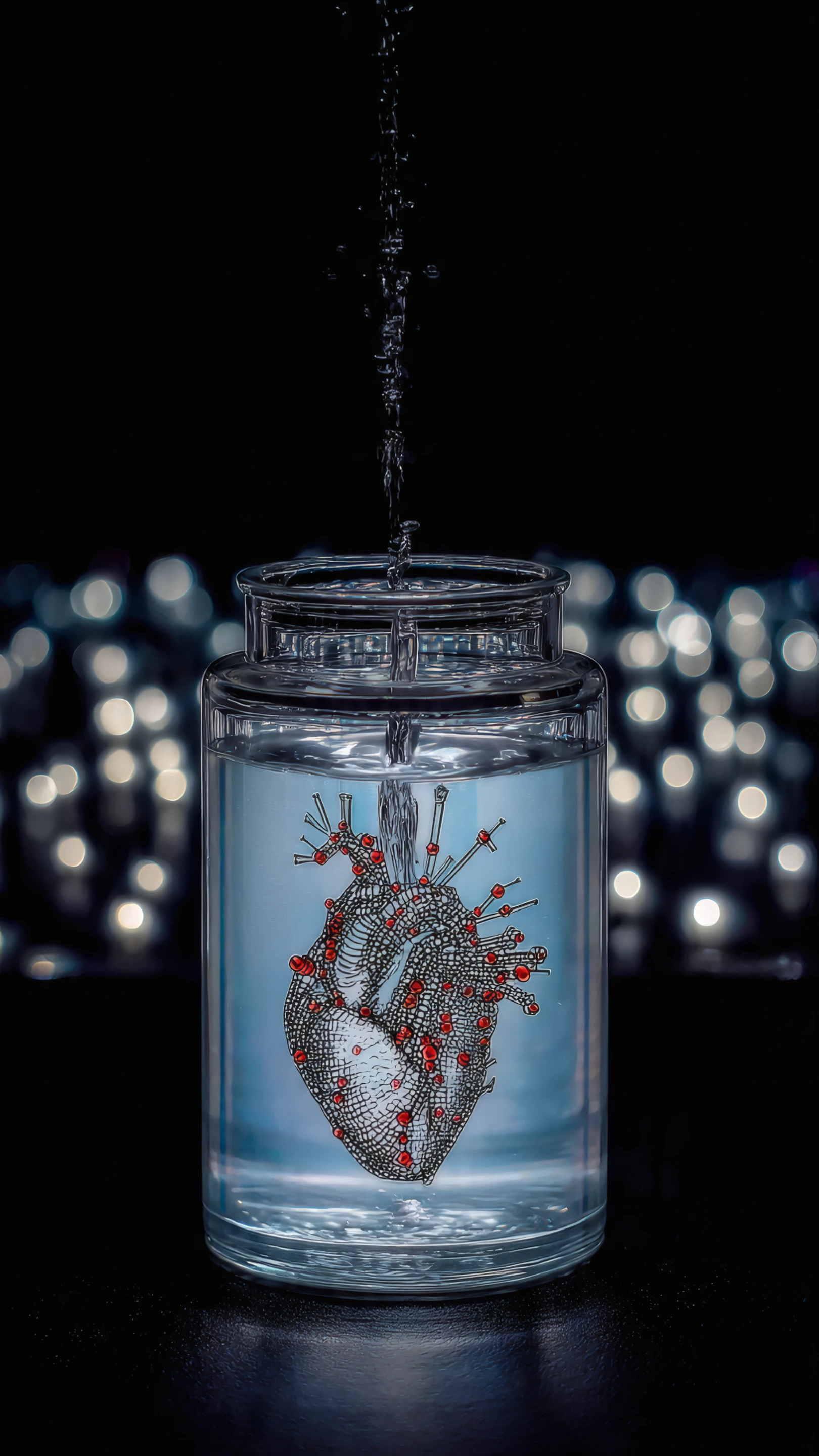 Anatomical Heart in Glass Jar with Water Pouring In