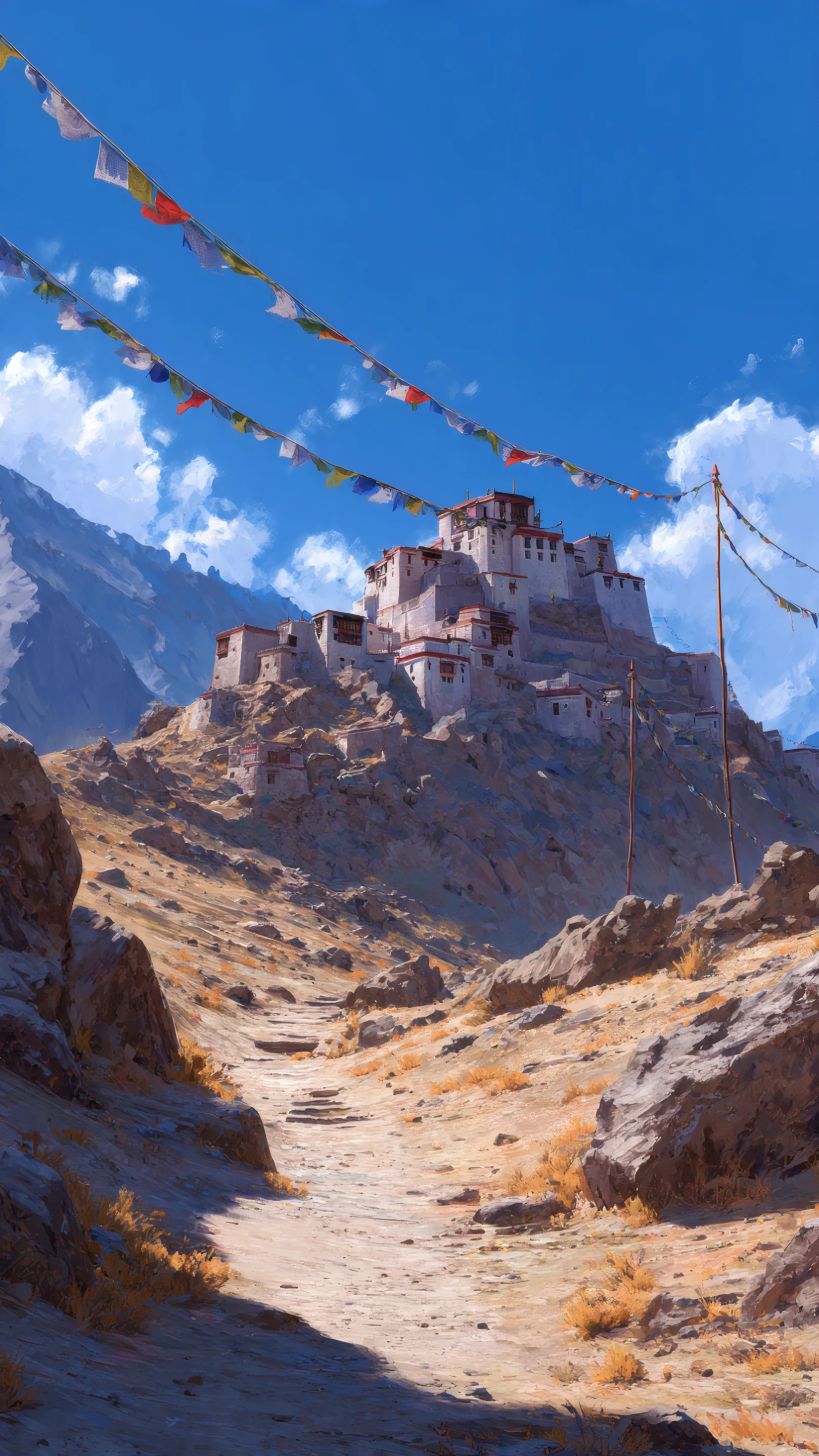 Ancient Monastery on Rocky Peak with Prayer Flags 4K Wallpaper