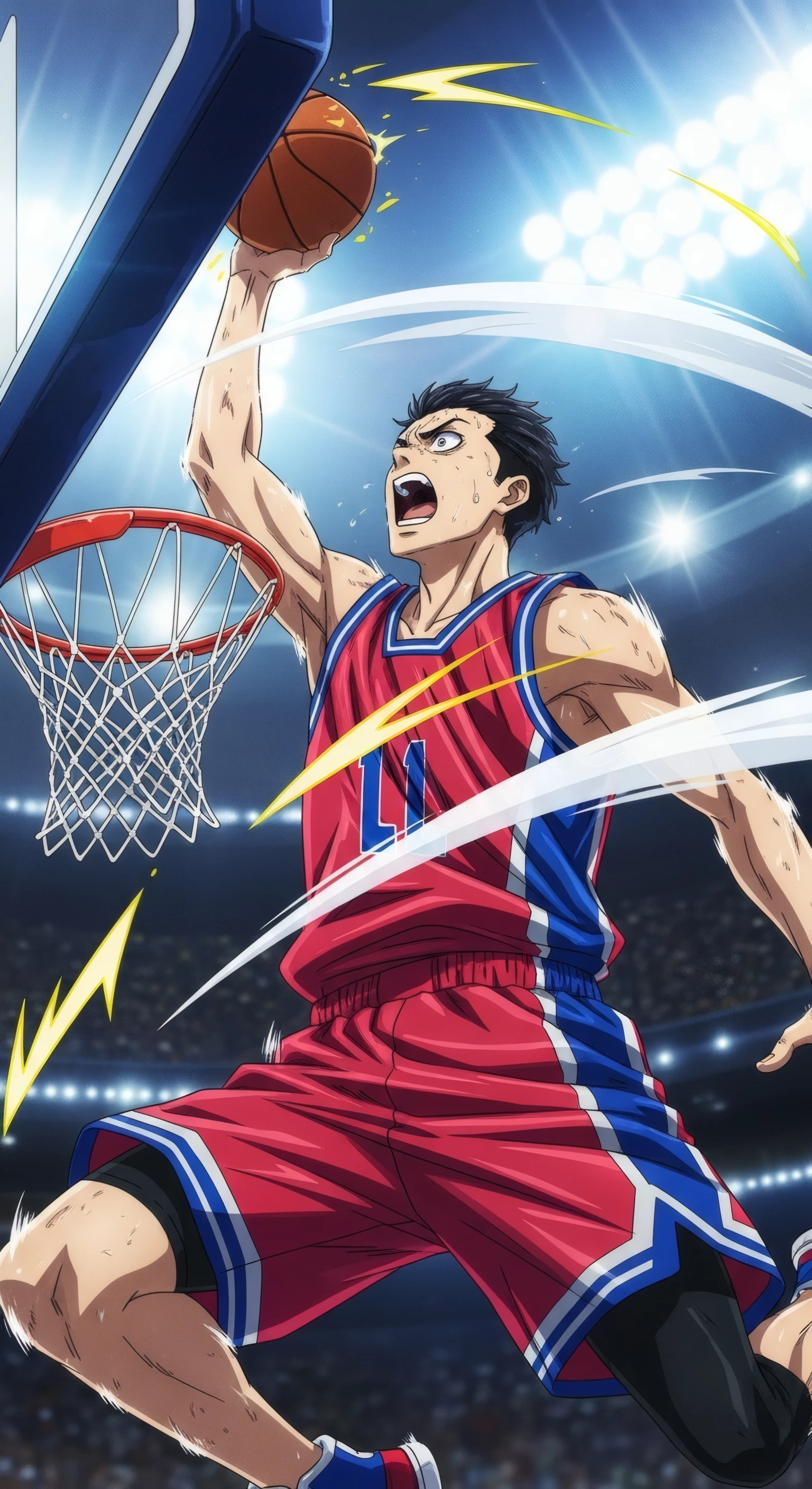Anime Athlete's Powerful Slam Dunk in Stadium