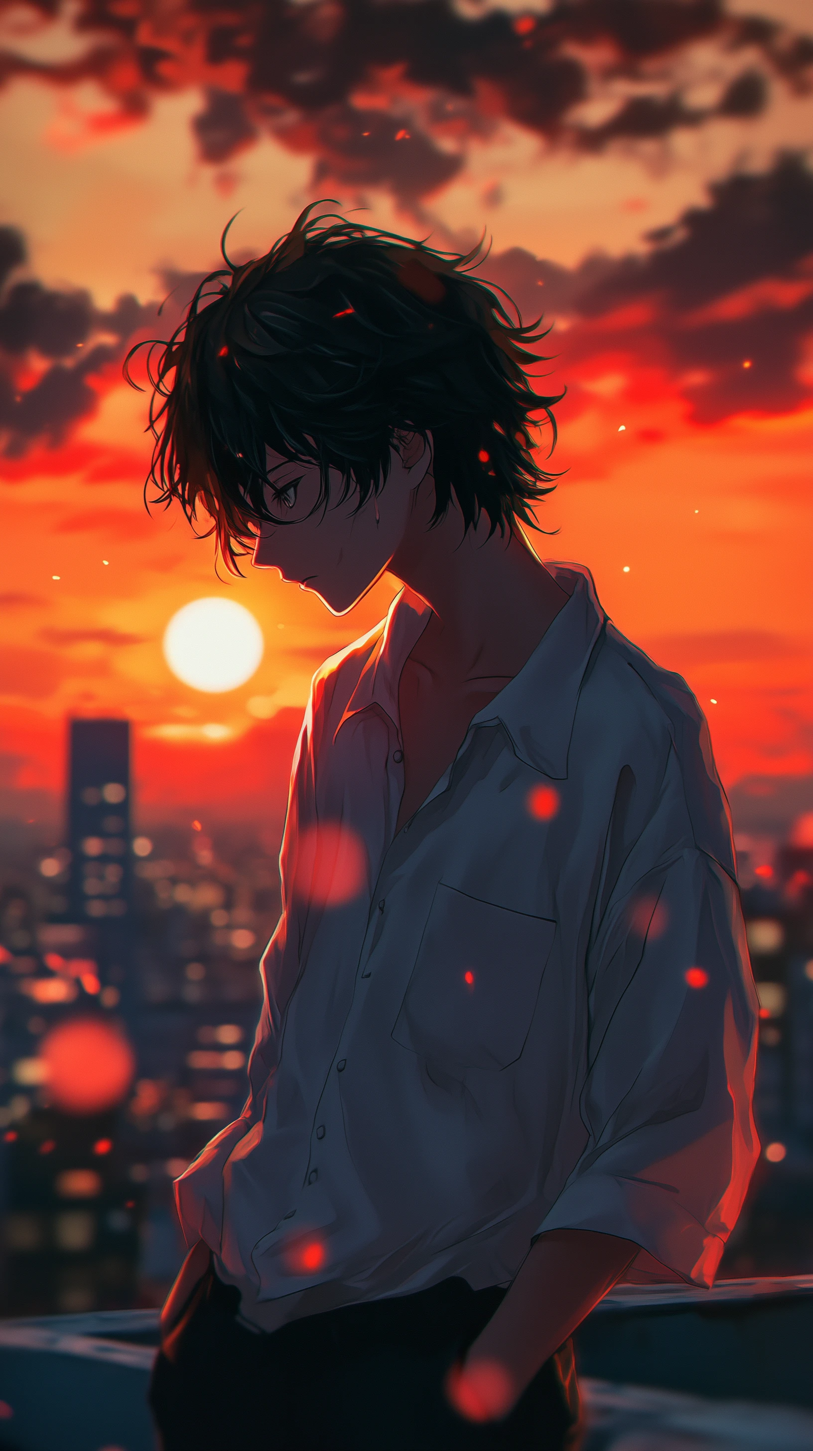 Anime Boy Contemplates City Sunset in Red and Orange